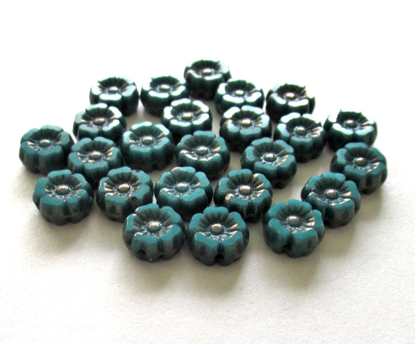 12 small 7mm Czech glass flower beads - teal or Persian turquoise blue green Hawaiian flowers w/ bronze accents - table cut - beads C00071