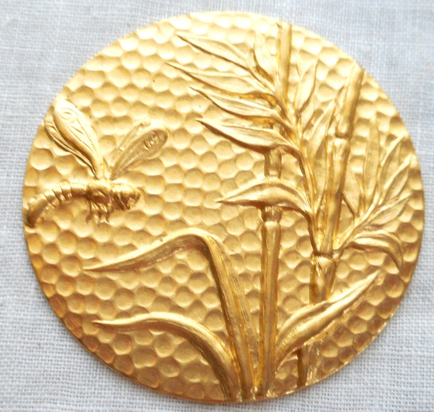1 raw brass plant & dragonfly medallion, pendant, charm, brass stamping, 42mm, made in the USA C0601 - Glorious Glass Beads