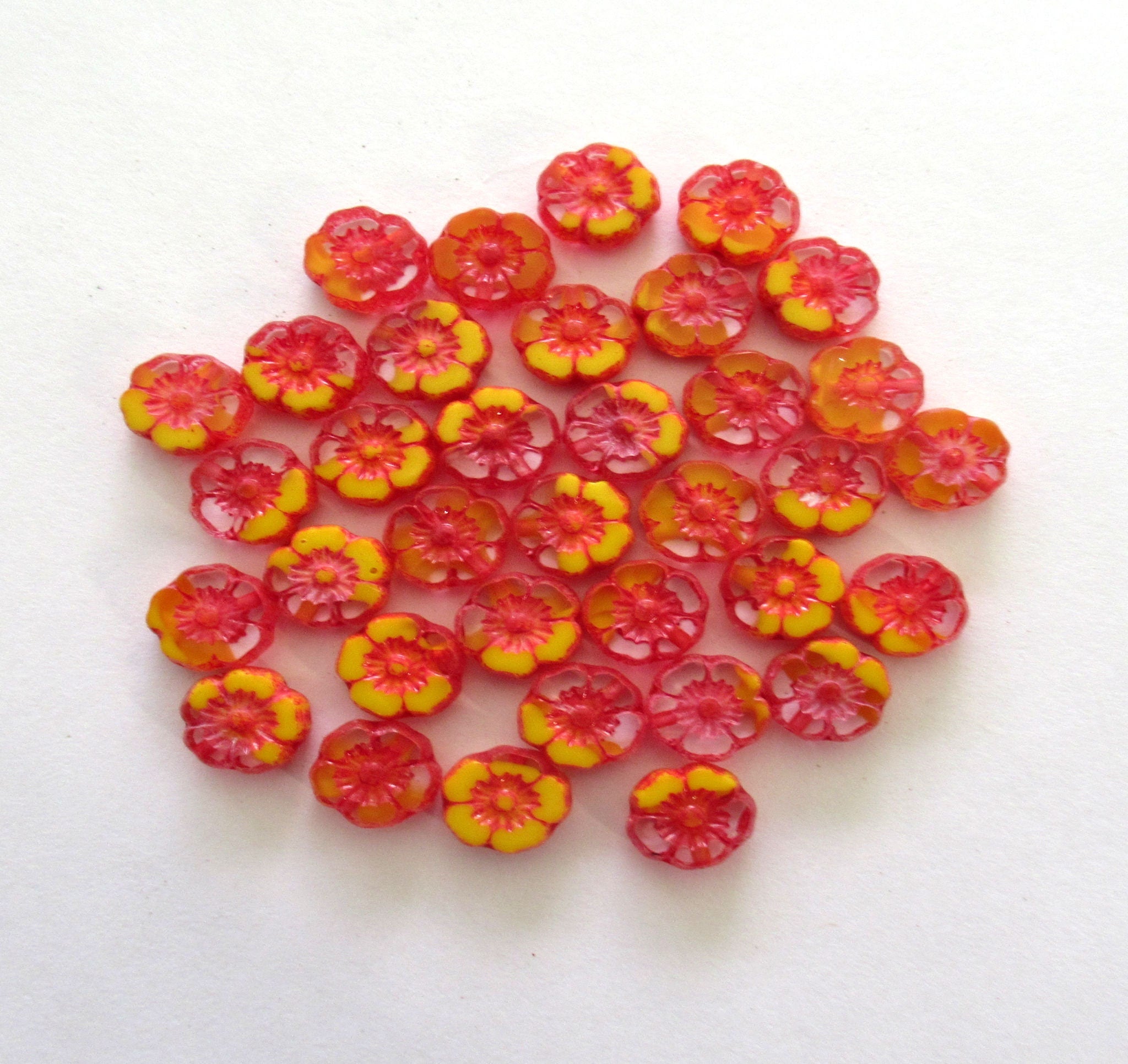 Lot of 15 8mm Czech glass flower beads - crystal and opaque yellow with an orange wash - table cut carved Hawaiian flower beads C00311