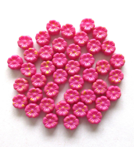 15 Czech glass flower beads - 8mm - opaque matte pink with orange accents - Hawaiian hibiscus flower beads - C00501