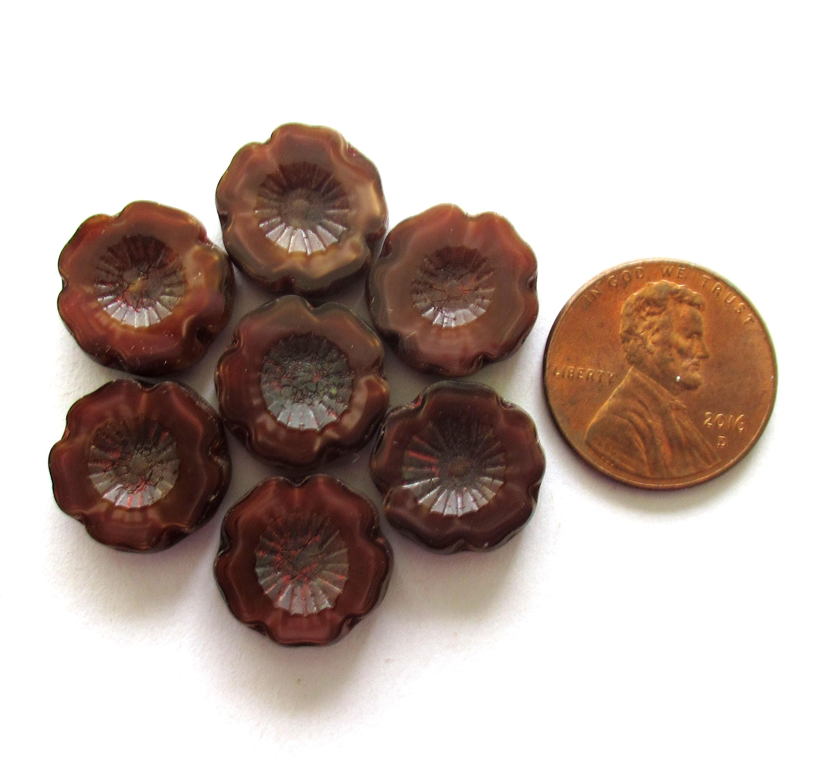 Six Czech glass flower beads - 14mm - dark reddish brown or burgundy picasso - table cut carved -Hawaiian hibiscus flowers - C00021