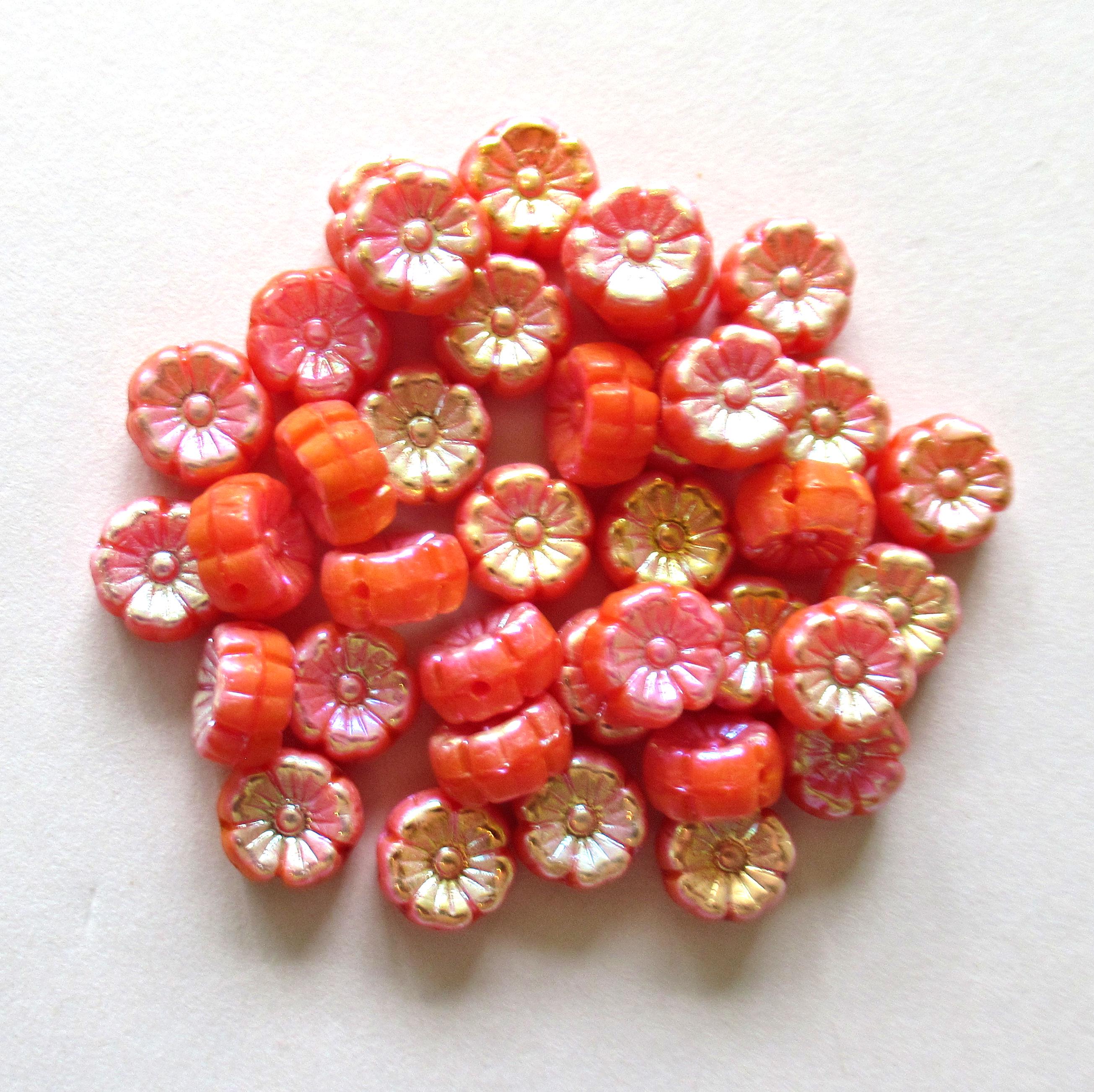 Fifteen 8mm Czech glass flower beads - opaque orange with an ab finish on both sides - pressed glass Hawaiian hibiscus flower beads C00501
