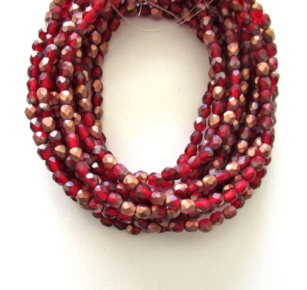 50 4mm Czech Czech glass faceted beads - matte ruby red / light garnet with copper accents - fire polished, round beads - C0009