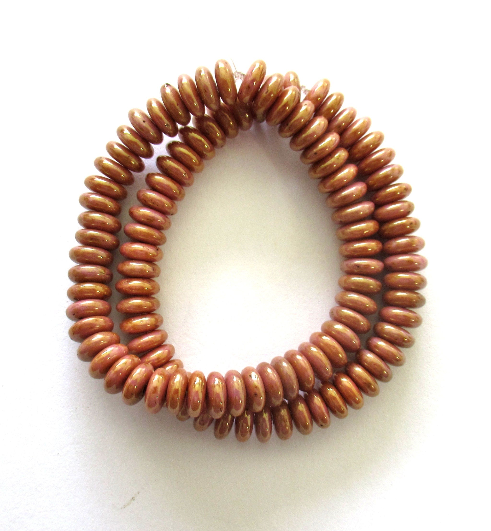 Lot of 50 6mm Czech glass rondelle spacer beads - opaque pink with a luster goldstone finish - spacers or rondelles C00601