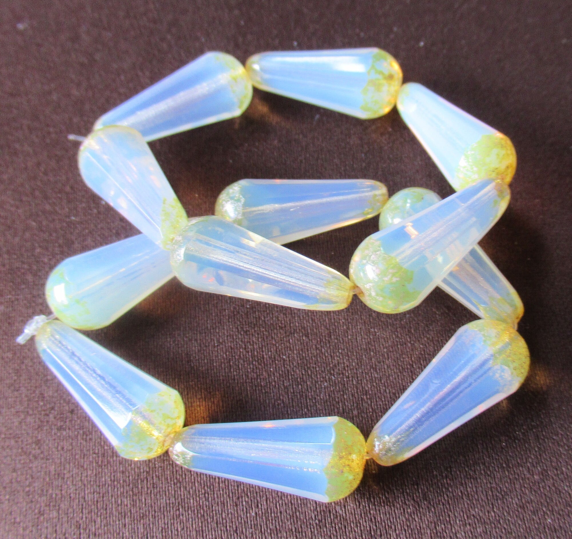 Six Czech glass long faceted teardrop beads - translucent milky white w/ picasso finish on the ends - 9 x 20mm elongated tear drops 19106