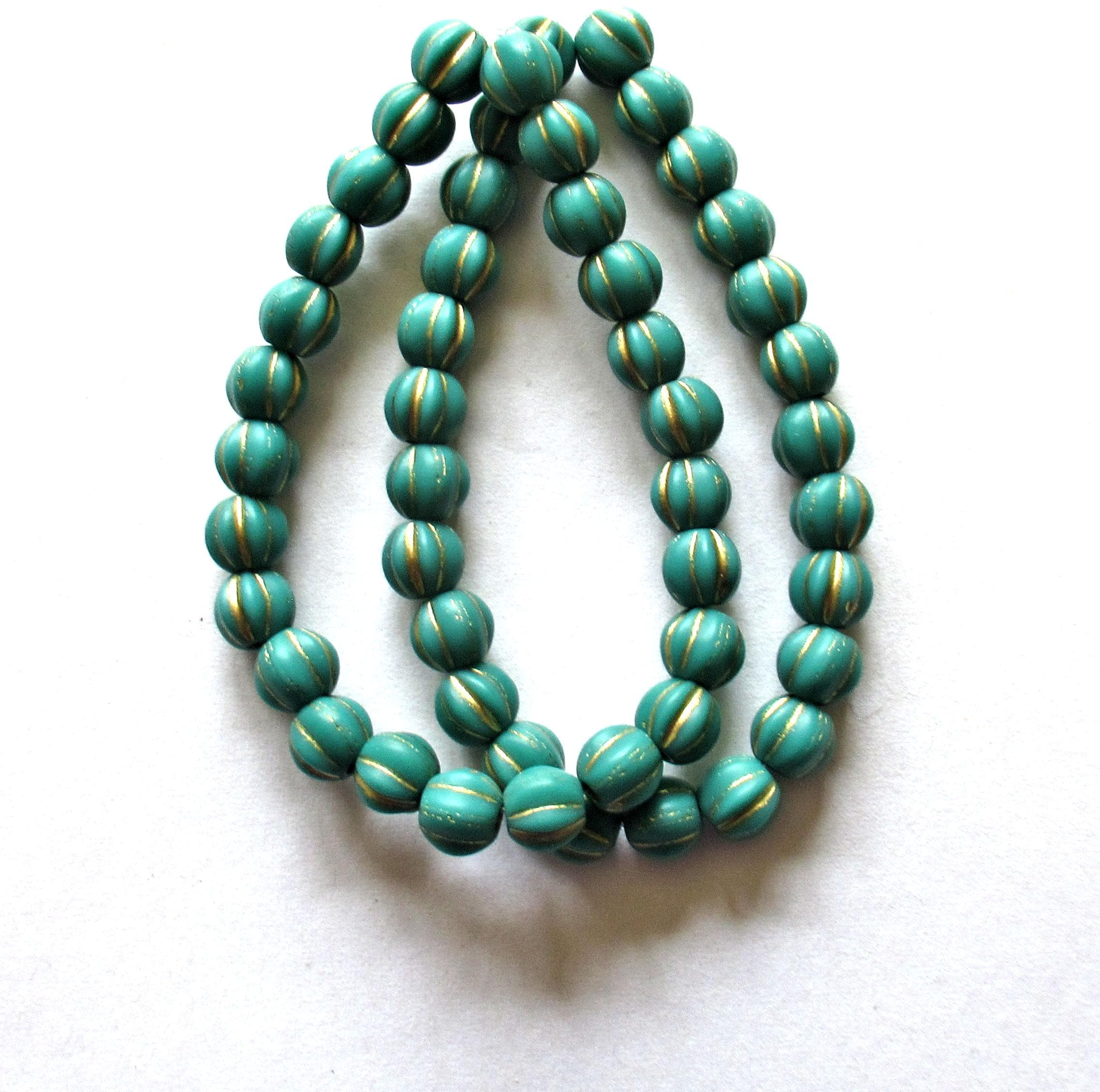 25 Czech glass melon beads - 6mm - opaque dark turquoise green with gold accents - C00601