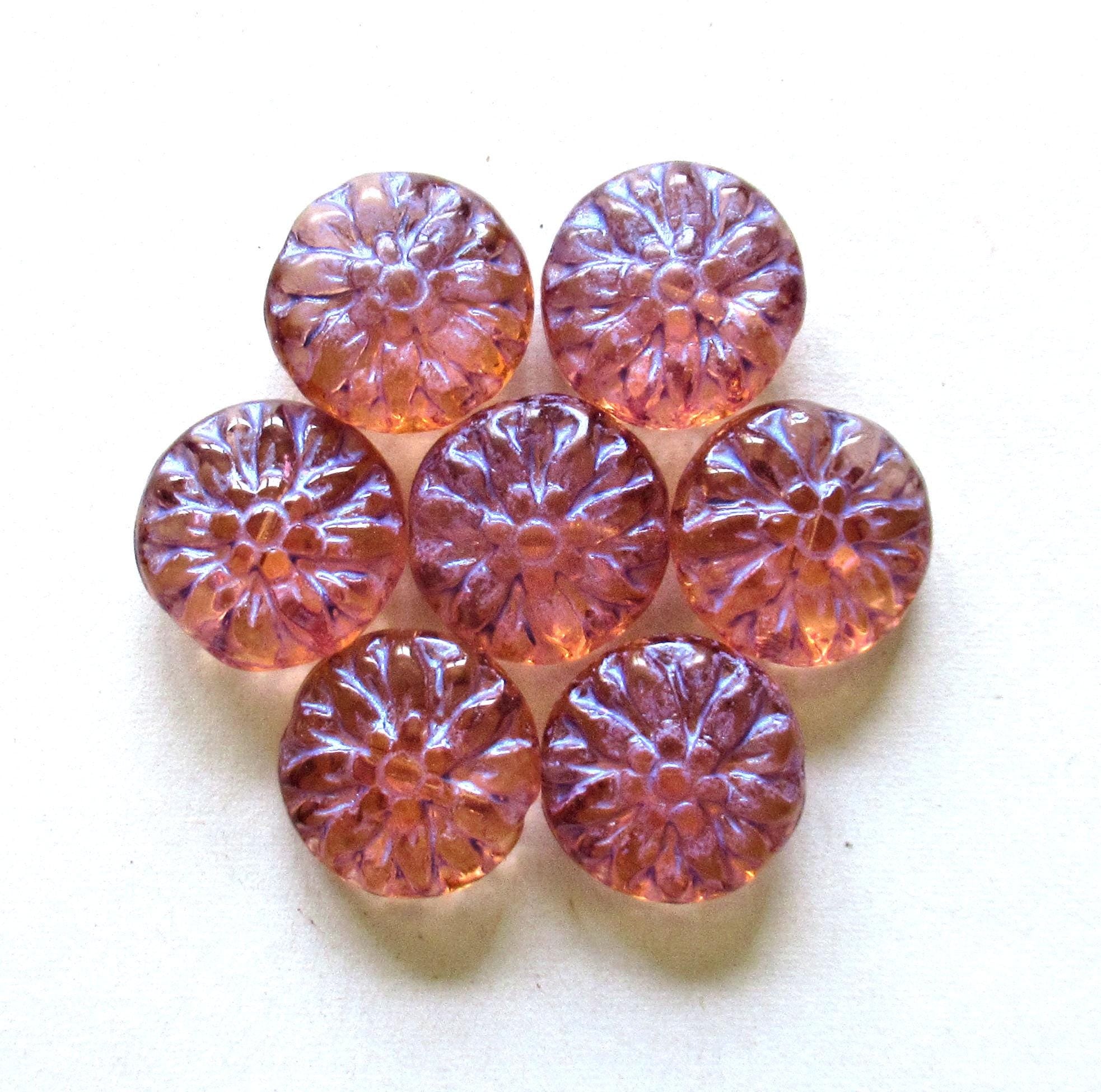 Six Czech glass Dahlia flower beads - 15mm - transparent pink w/ iridescent finish - puffy coin or disc beads - C00131
