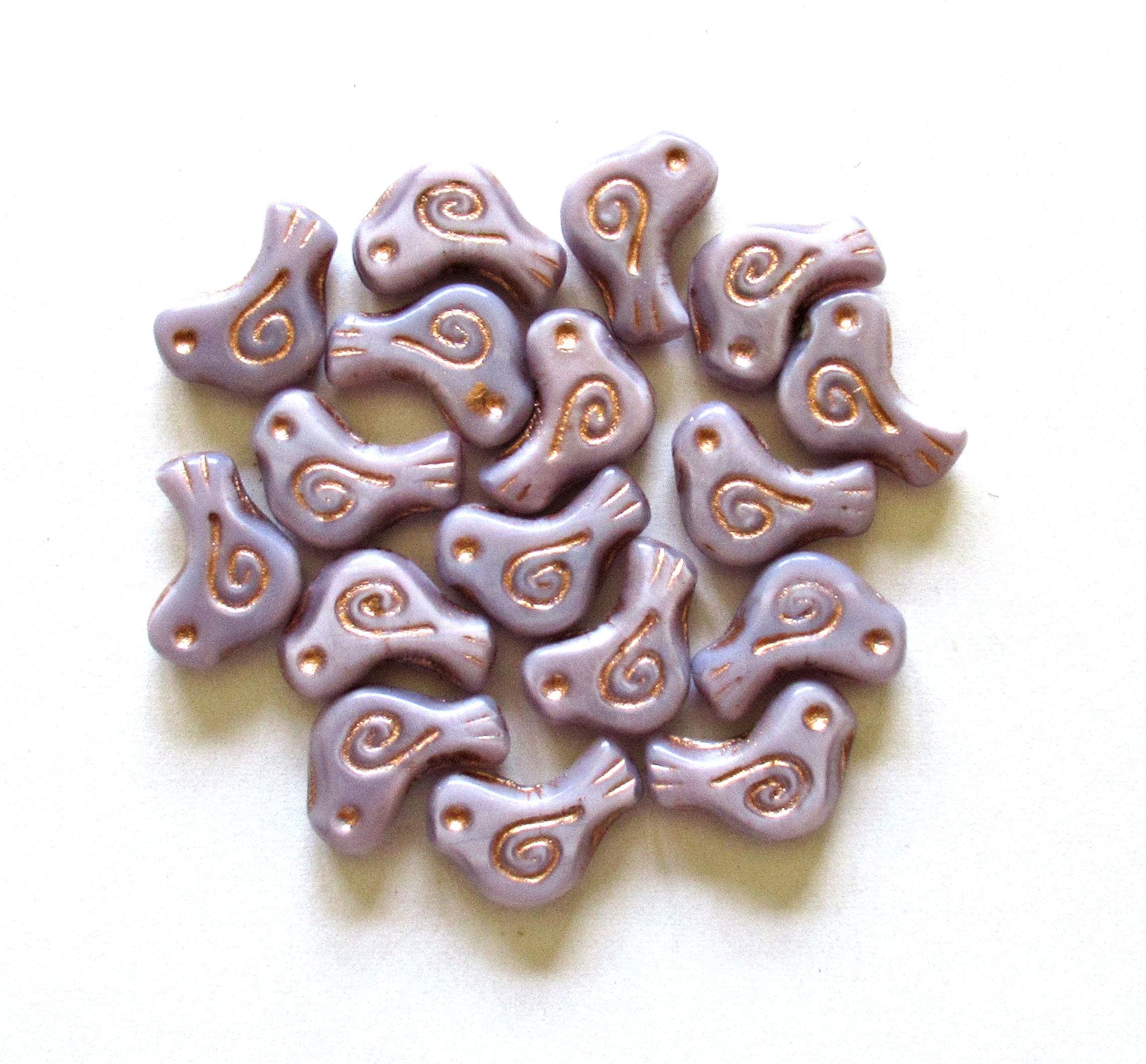 8 Czech glass bird beads - 12 x 16mm - opaque light purple, lavender or lilac silk with a copper wash - C0621