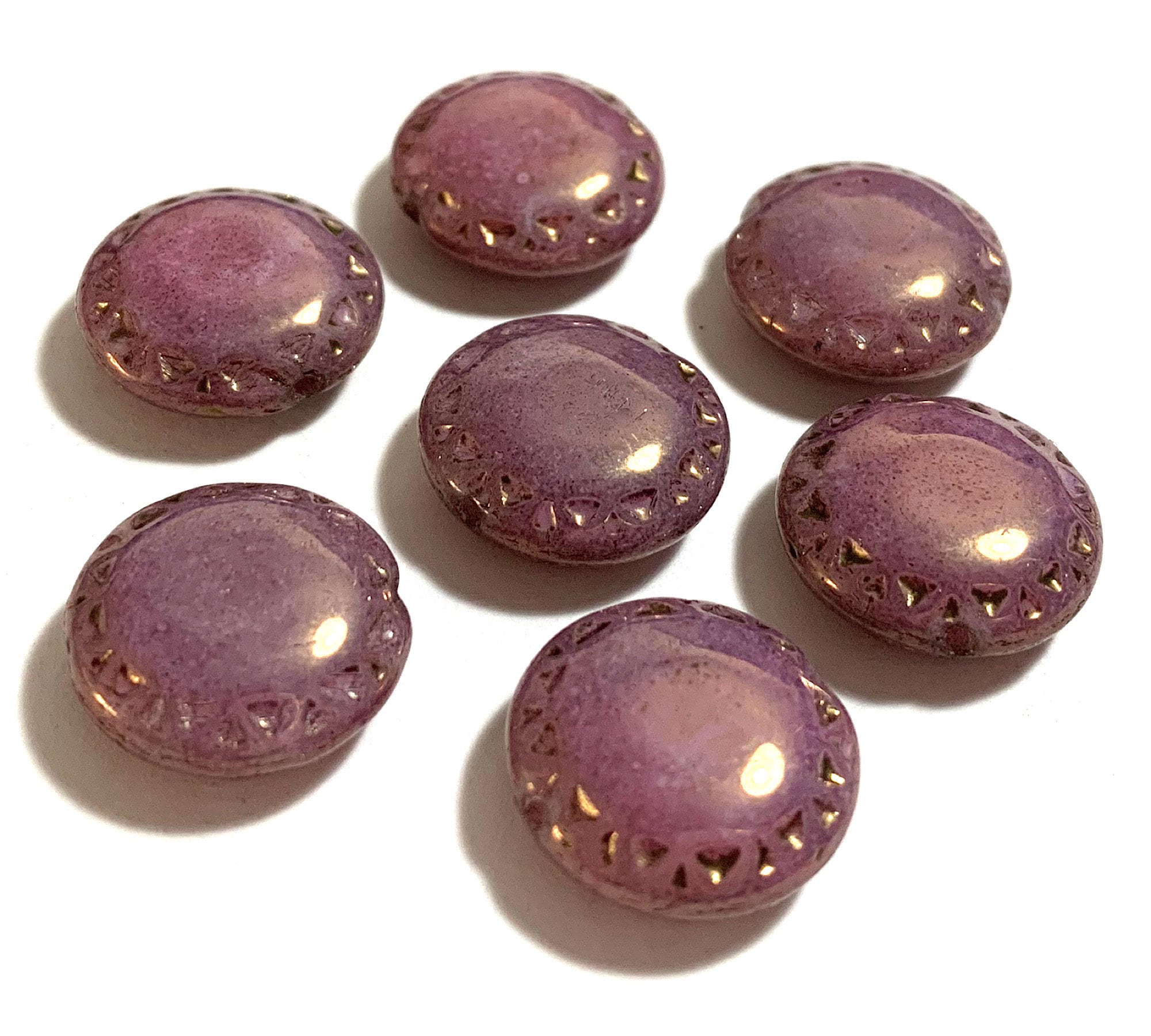 Six 16mm Czech glass puffy coin or disc beads - opaque lilac purple Aztec sun beads w/ a gold luster finish and textured edges C0501
