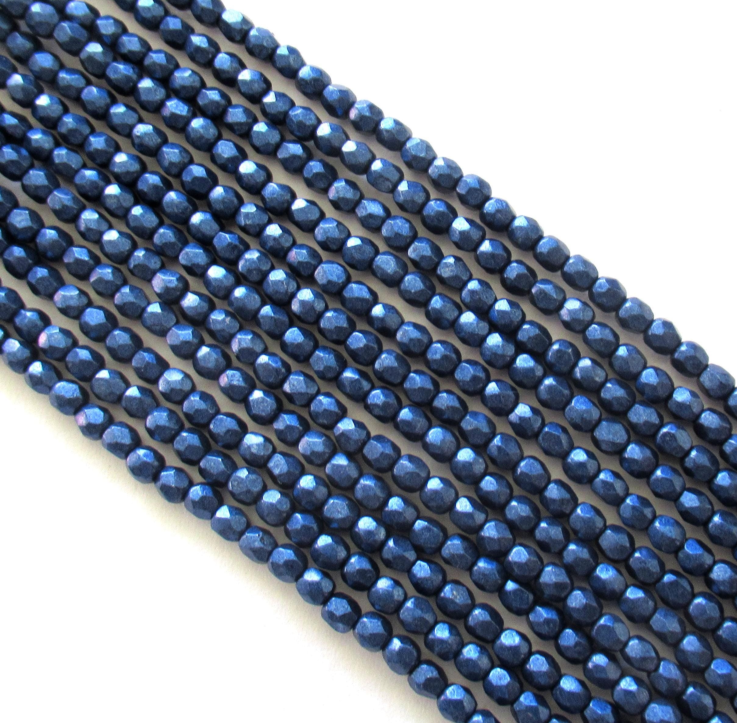 50 3mm Czech glass beads - Saturated Metallic Evening Blue - faceted round beads - C0033