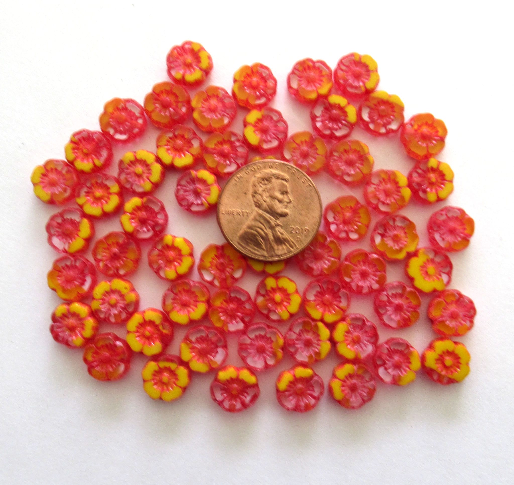 Lot of 15 8mm Czech glass flower beads - crystal and opaque yellow with an orange wash - table cut carved Hawaiian flower beads C00311