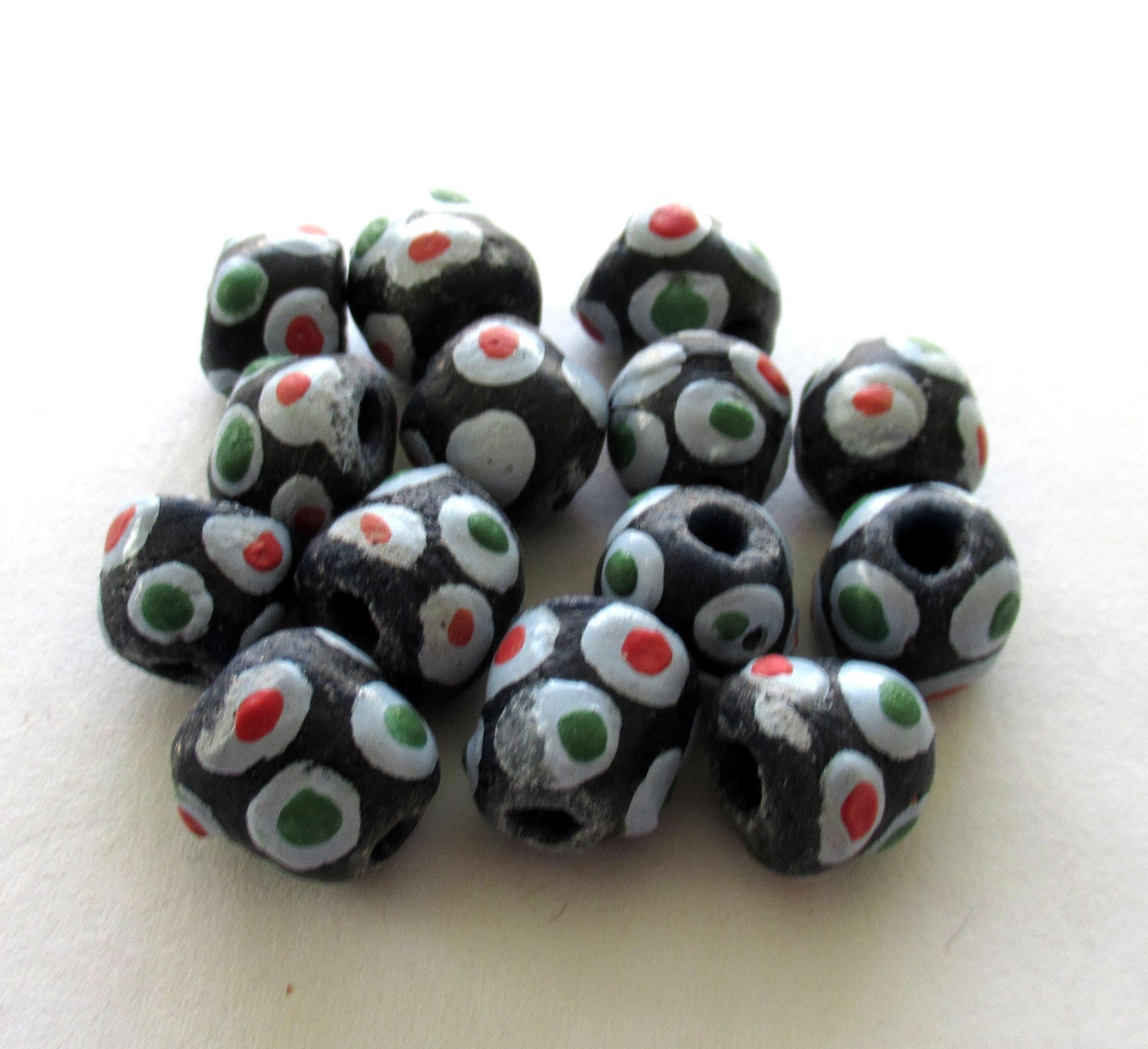 African Ghana Krobo round glass beads - black beads with dots - 9.5-11mm - big hole rustic beads - ten beads - C00401