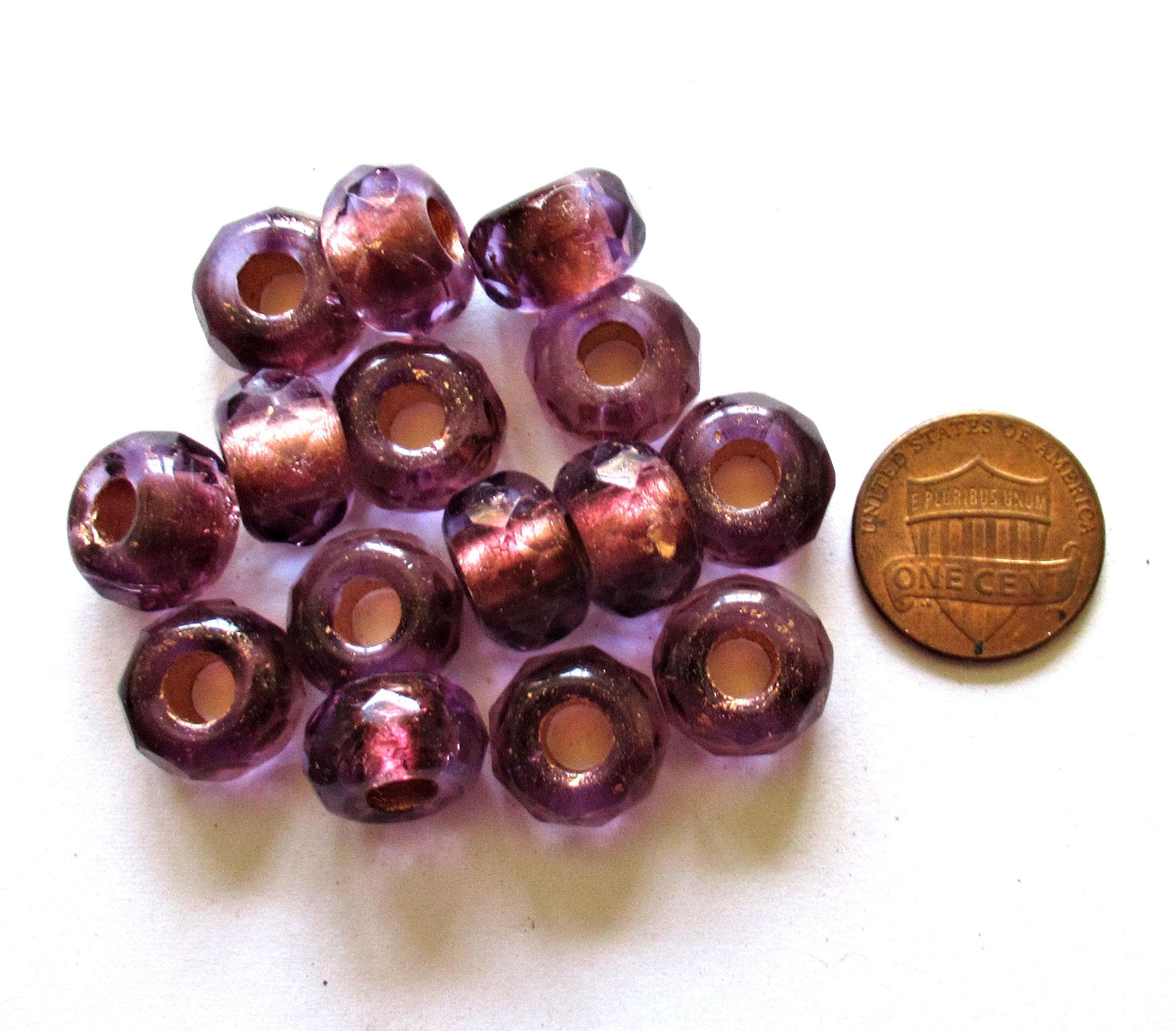 Five faceted Czech glass roller or rondelle beads - 12 x 8mm - wine red / burgundy copper lined - big 5mm holes - focal beads 00661