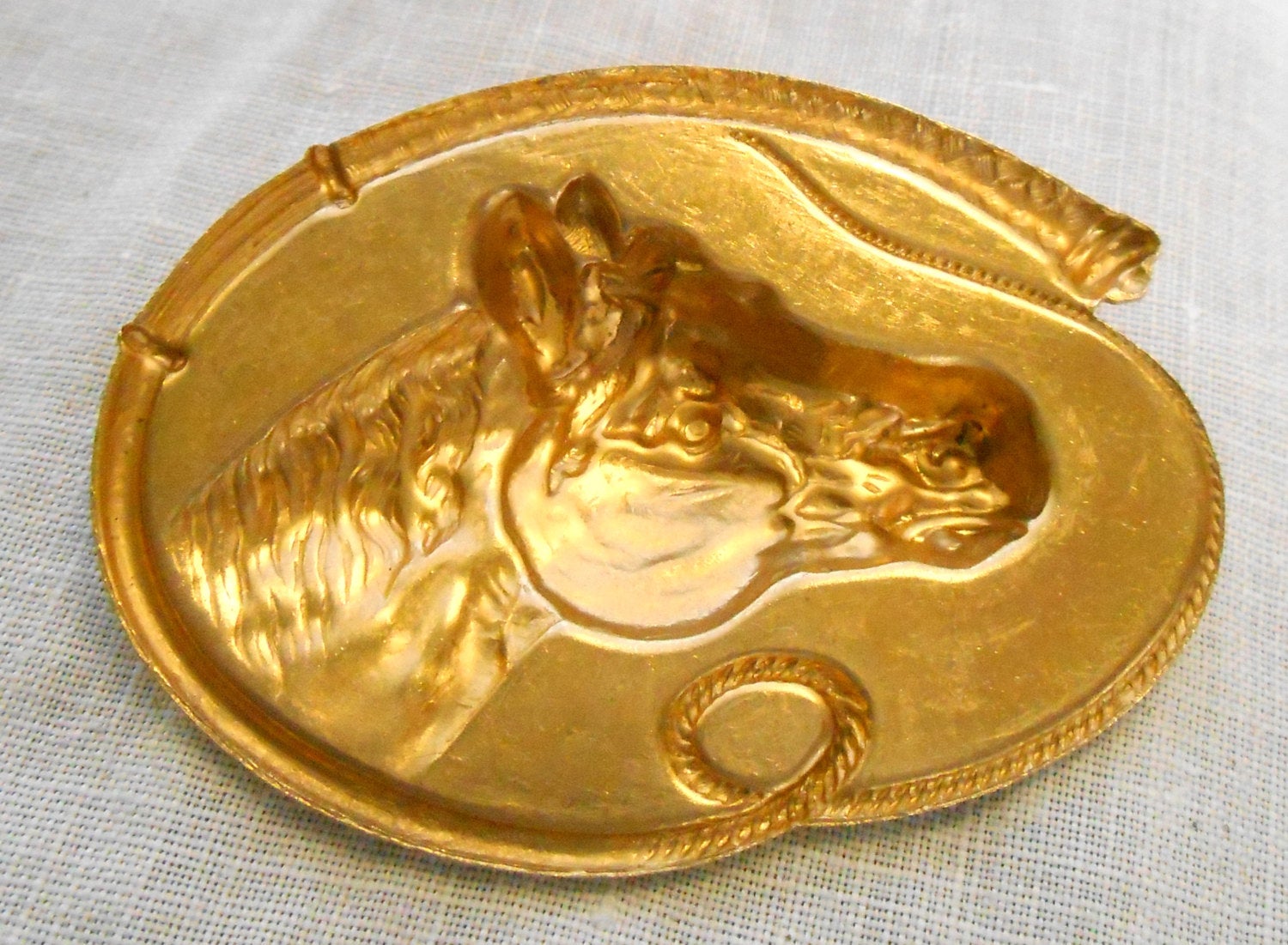 1 large raw brass stamping, a horse's head within a whip, a pendant, charm, connector, ornament, 52mm by 37mm USA made 6501 - Glorious Glass Beads