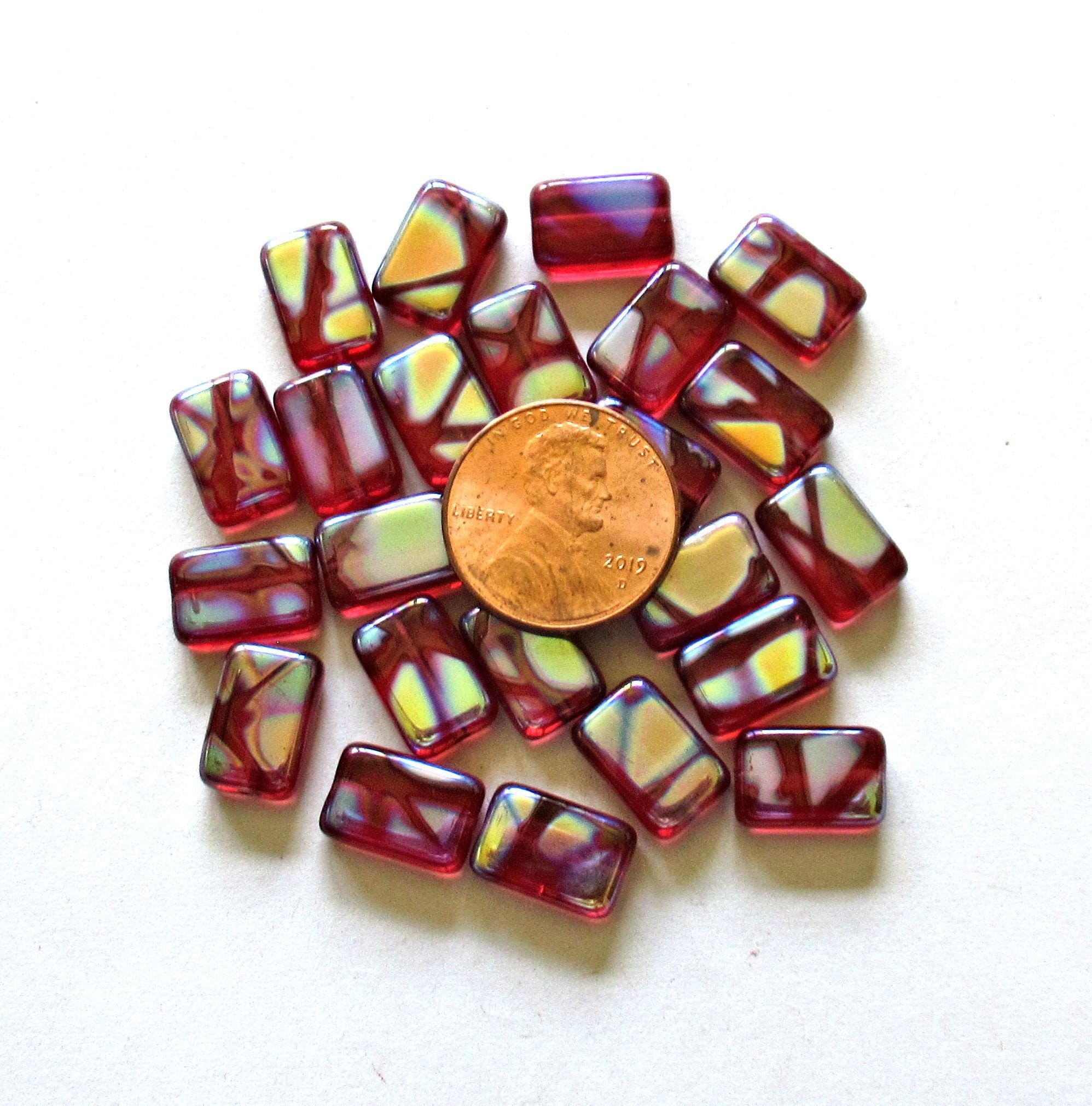 Ten Czech glass peacock rectangle beads - 8 x 12mm - ruby red with peacock accents - C0731