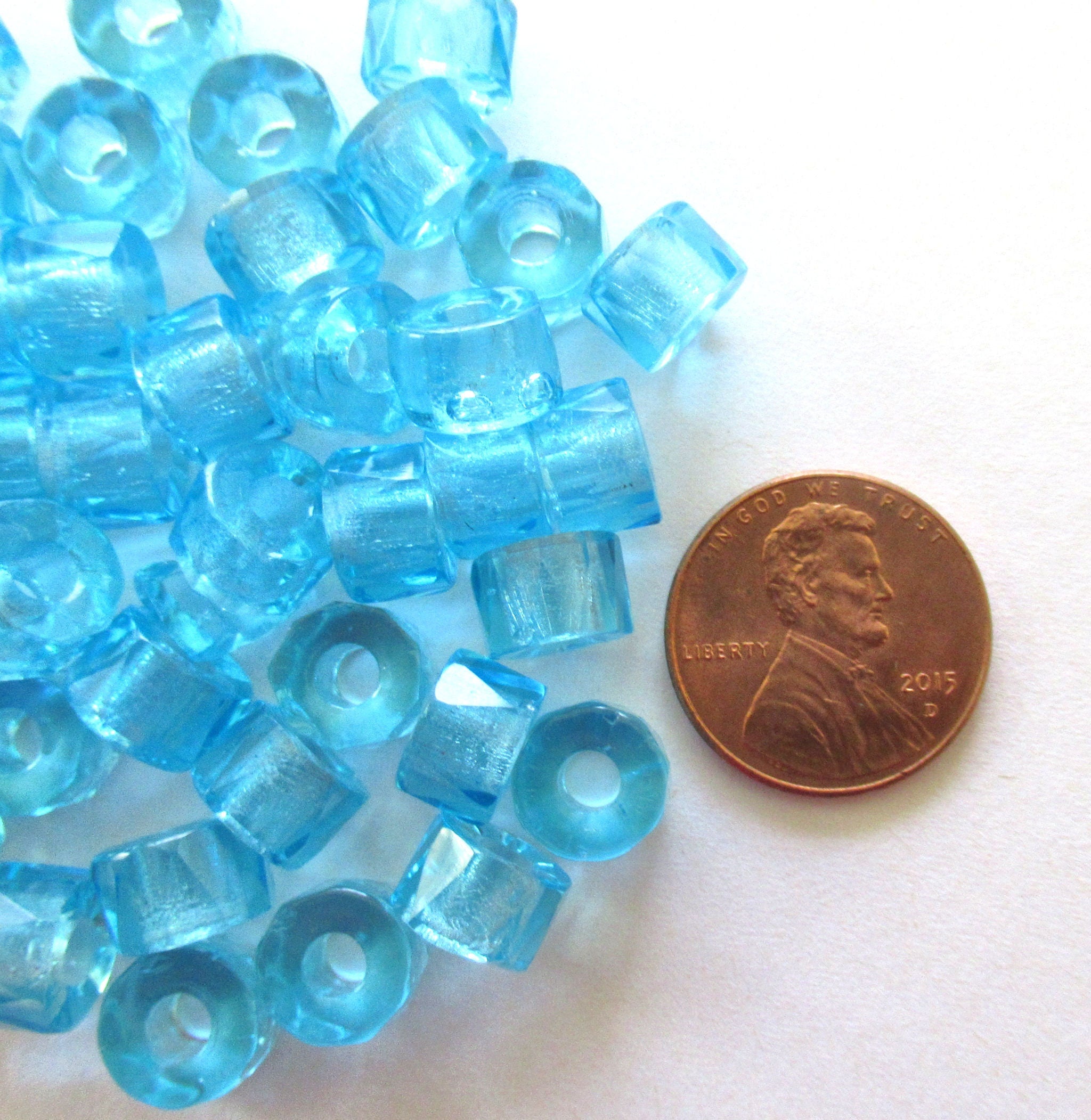 Lot of 25 9mm faceted Czech glass pony or roller beads - transparent aqua blue large hole beads oo802