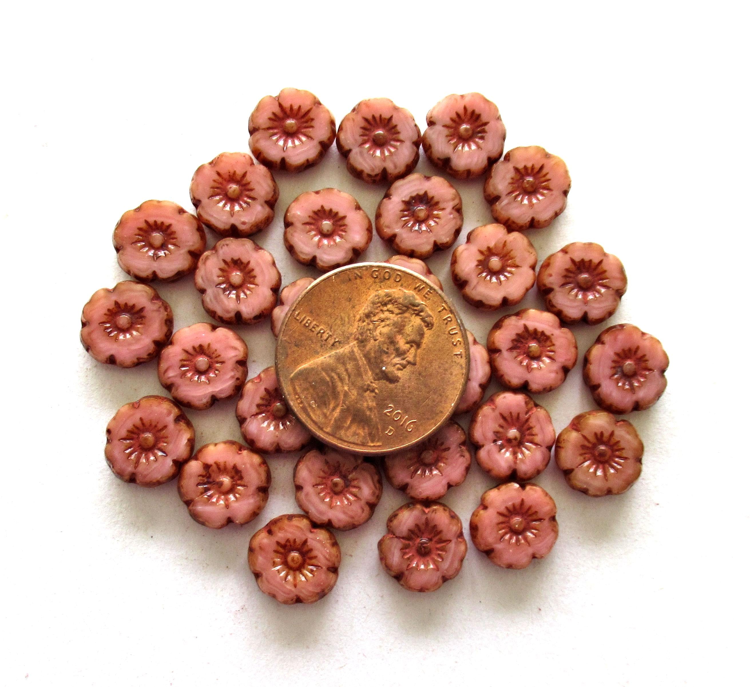Czech glass flower beads - marbled pink picasso beads - 8mm- table cut carved -Hawaiian hibiscus flowers - 15 pieces - 00121