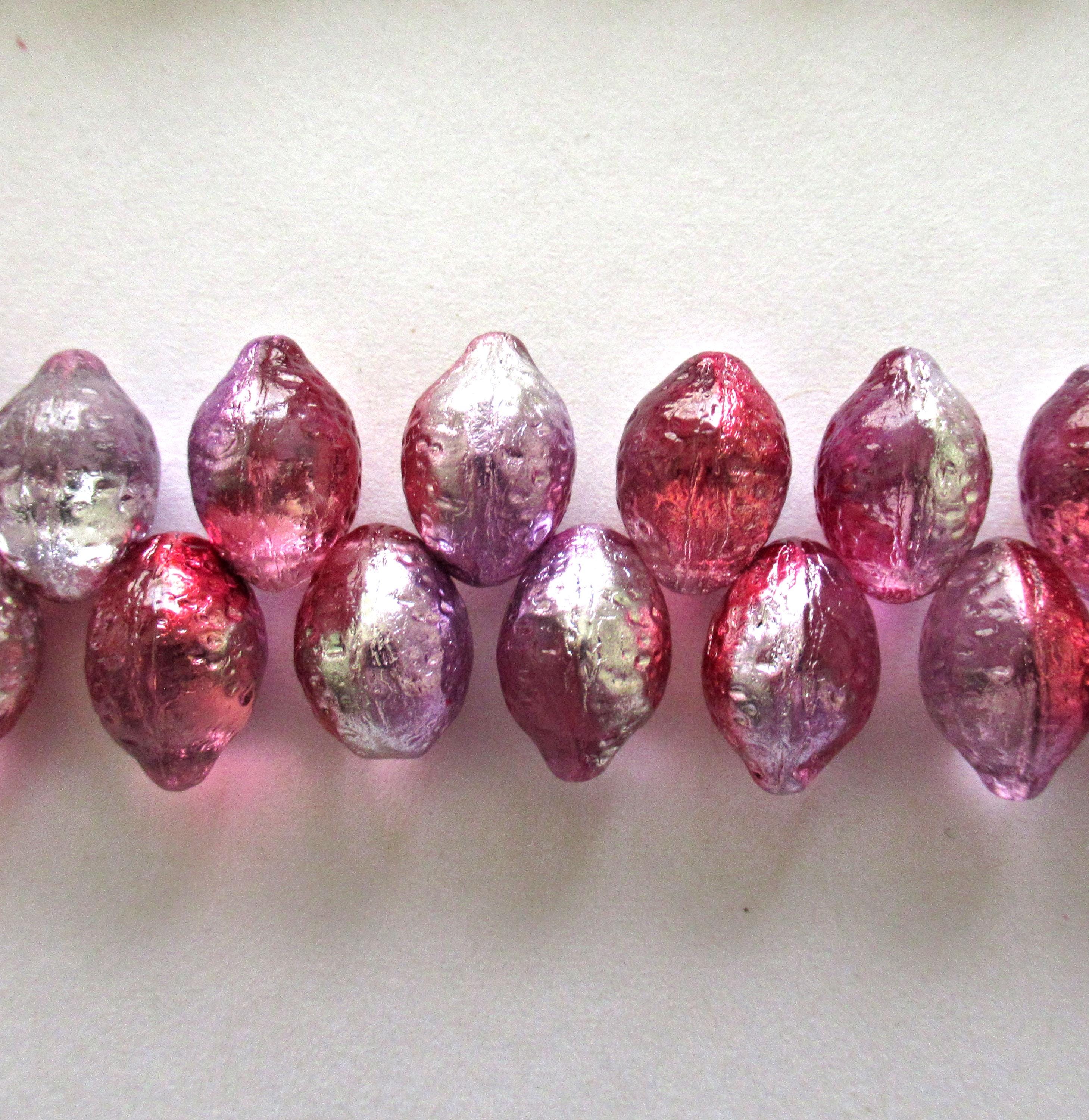 Lemon shaped drop beads - 14 x 10mm - pink lilac & silver - side drilled - pressed Czech glass beads - 10 pieces - C00831