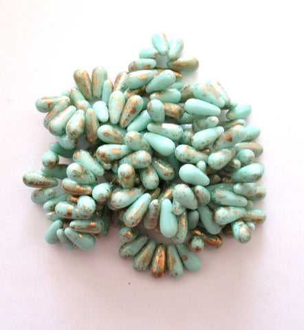 25 Czech glass drop beads - opaque mint green beads with splotchy gold accents - smooth teardrop beads - 13 x 6mm - C00051