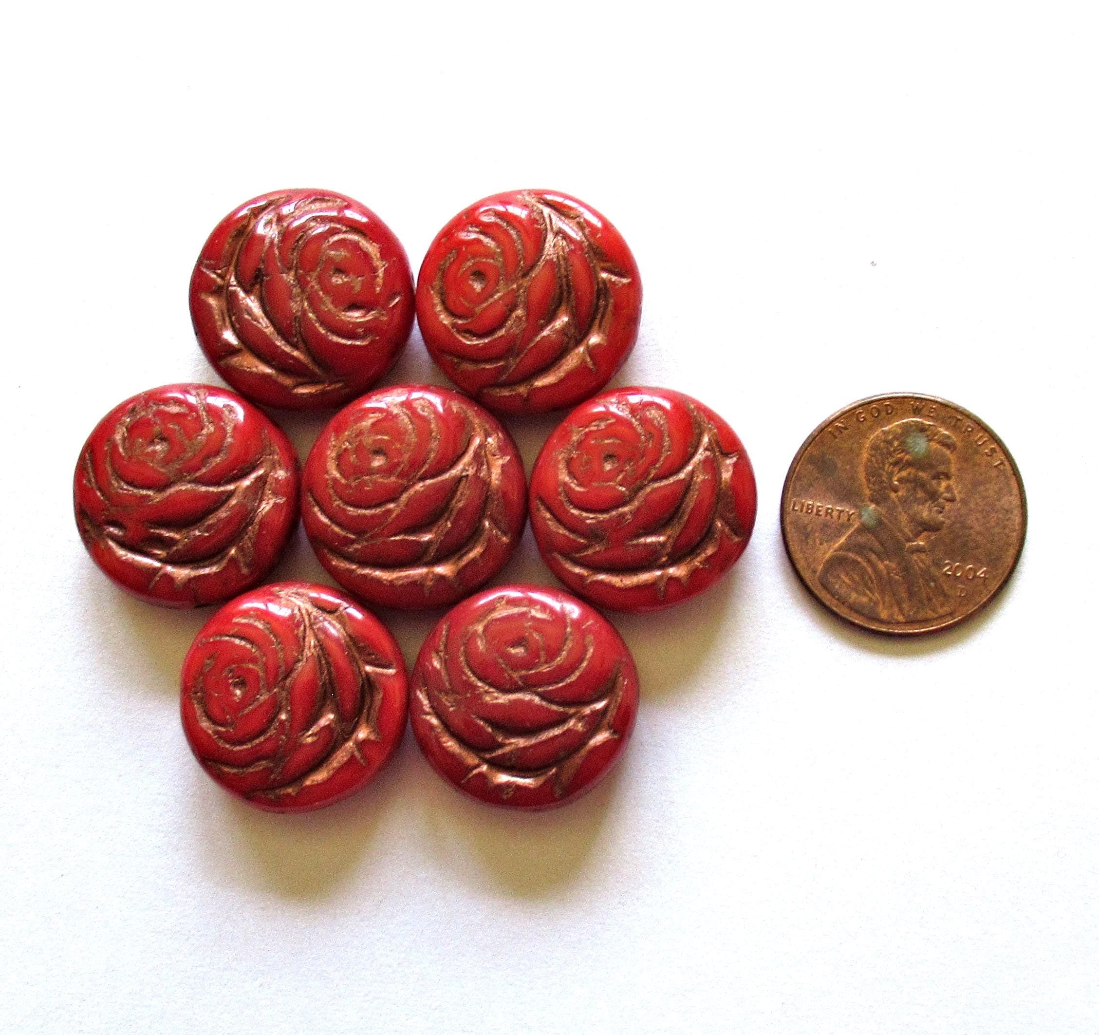 6 Czech glass flower coin beads - 17mm - opaque red - puffy pillow rose beads w/ a copper wash - C00971