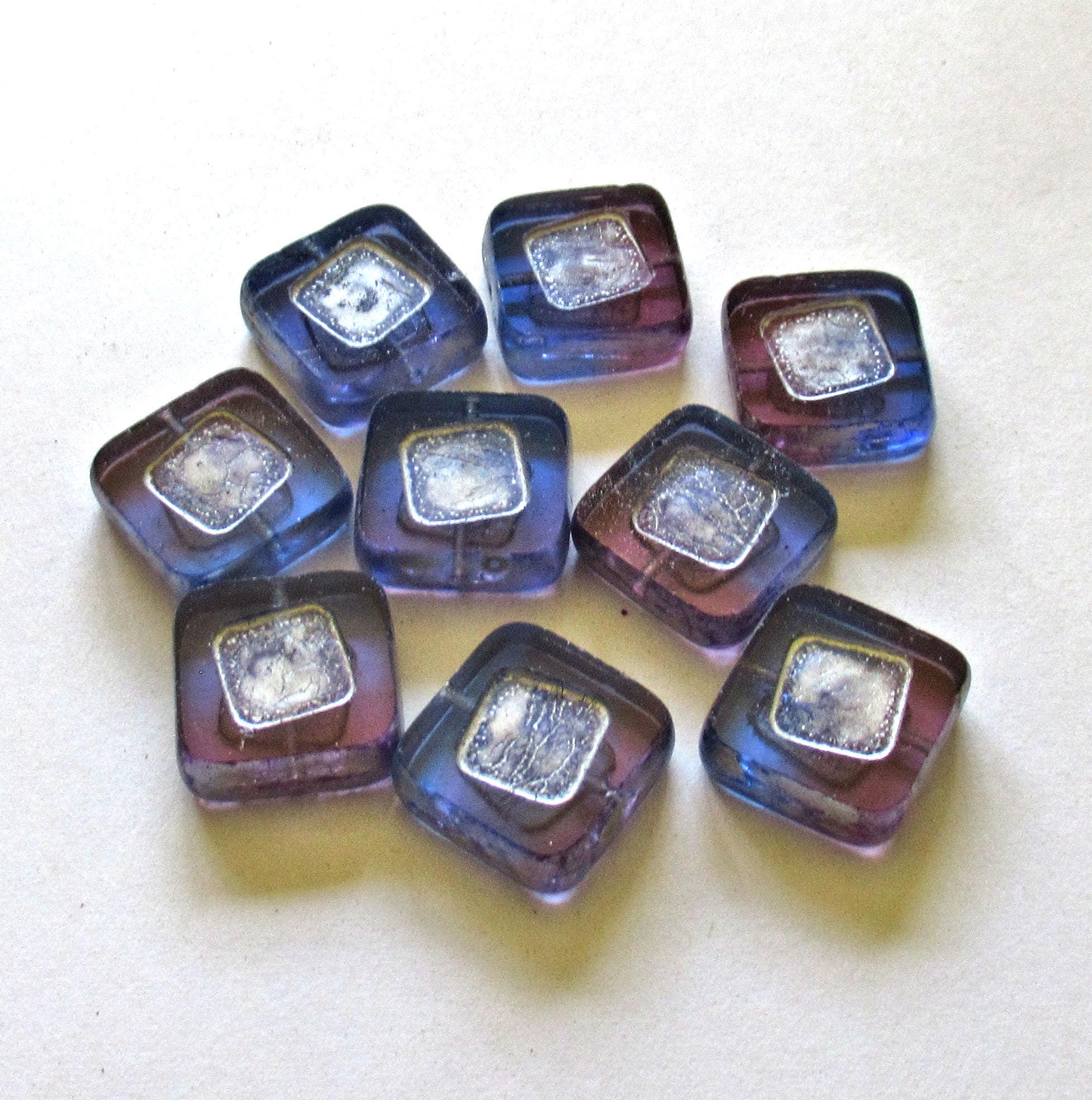 Five large Czech glass square beads - 14 x 14mm - blue & purple picasso beads - table cut chunky statement or focal beads - C00142
