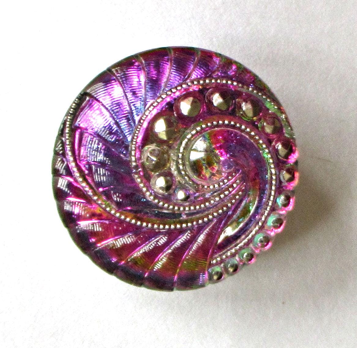 One large 27mm Czech glass button - iridescent pink & purple swirl w/ gold accents - decorative shank button - C00573