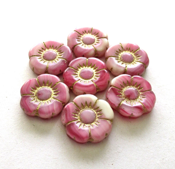 6 large Czech glass flower beads - marbled pink & white beads with gold accents - 18mm - 00941