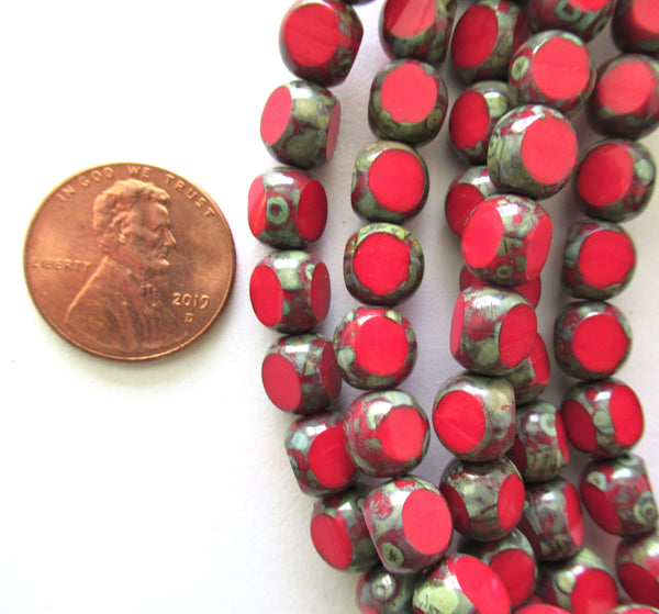 15 Tri-cut - Round Czech glass beads - opaque red picasso table cut 8mm rustic earthy beads C00521
