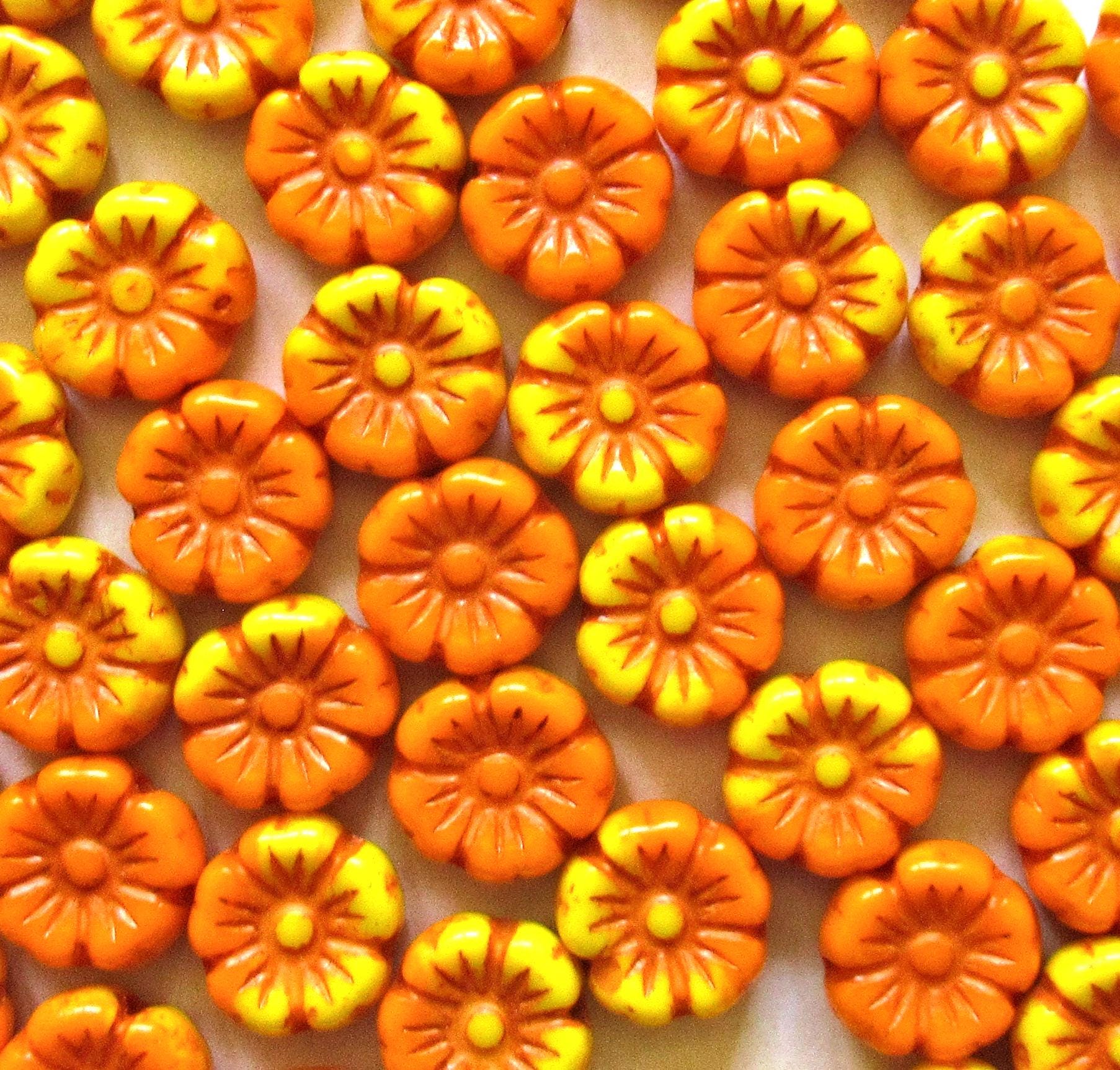 15 Czech glass flower beads - 10mm - marbled opaque bright orange and yellow - C00131