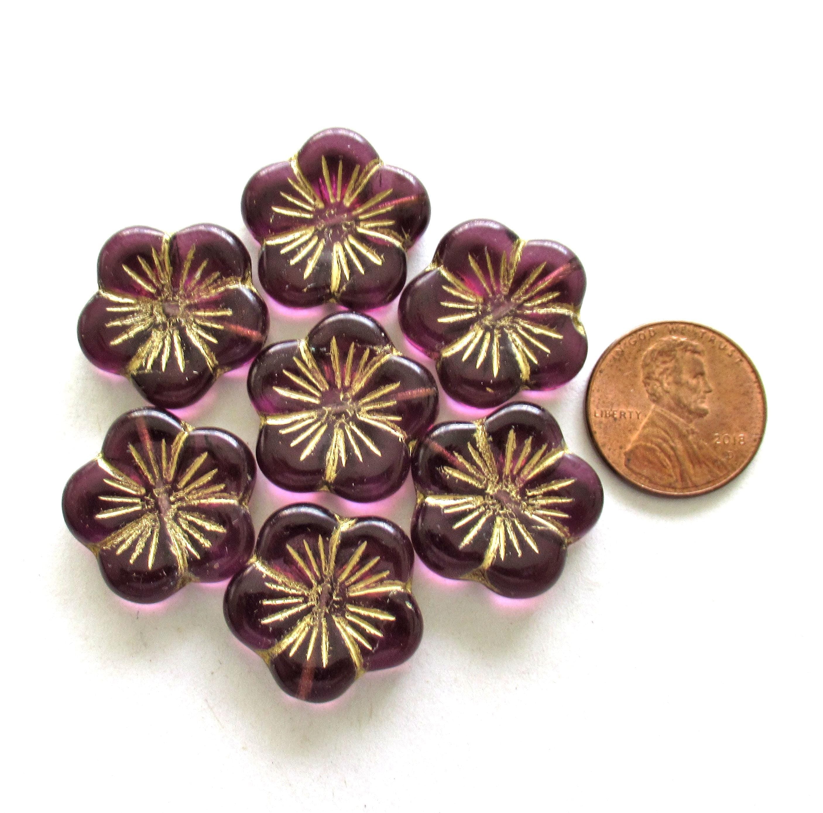 Four large Czech glass flower beads - amethyst or purple pansy beads with gold accents - beads - focal or statement beads - 20mm - 00521