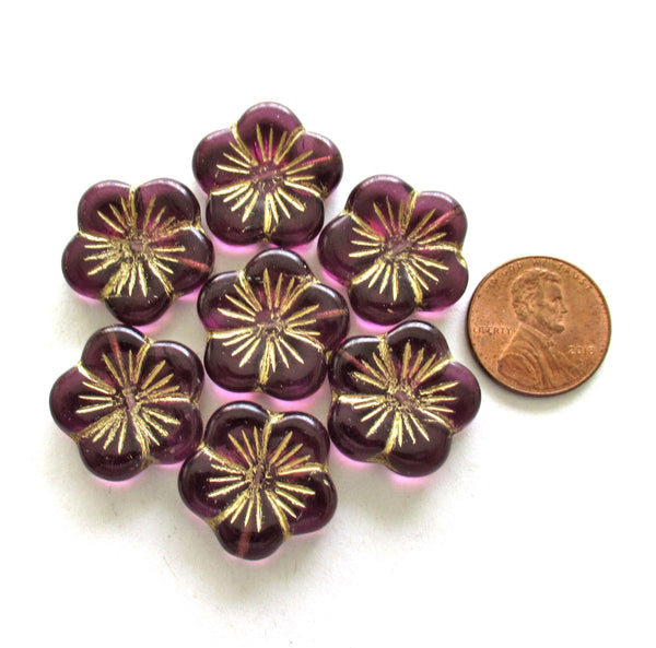Four large Czech glass flower beads - amethyst or purple pansy beads with gold accents - beads - focal or statement beads - 20mm - 00521