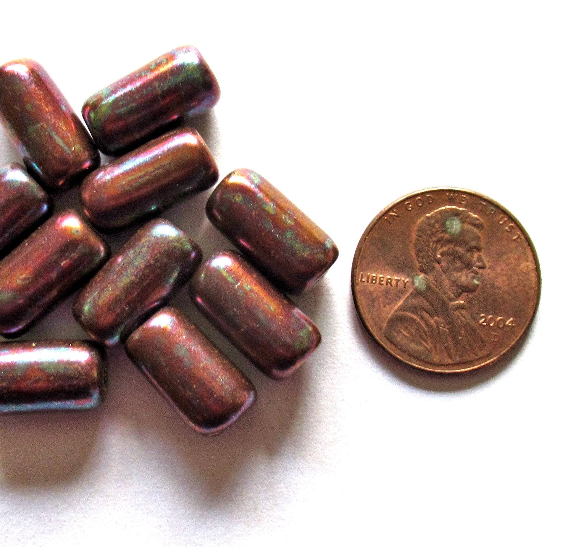 Ten Czech glass tube beads - copper w/ a mother of pearl finish & big 2mm holes - 7 x 14mm - C00052