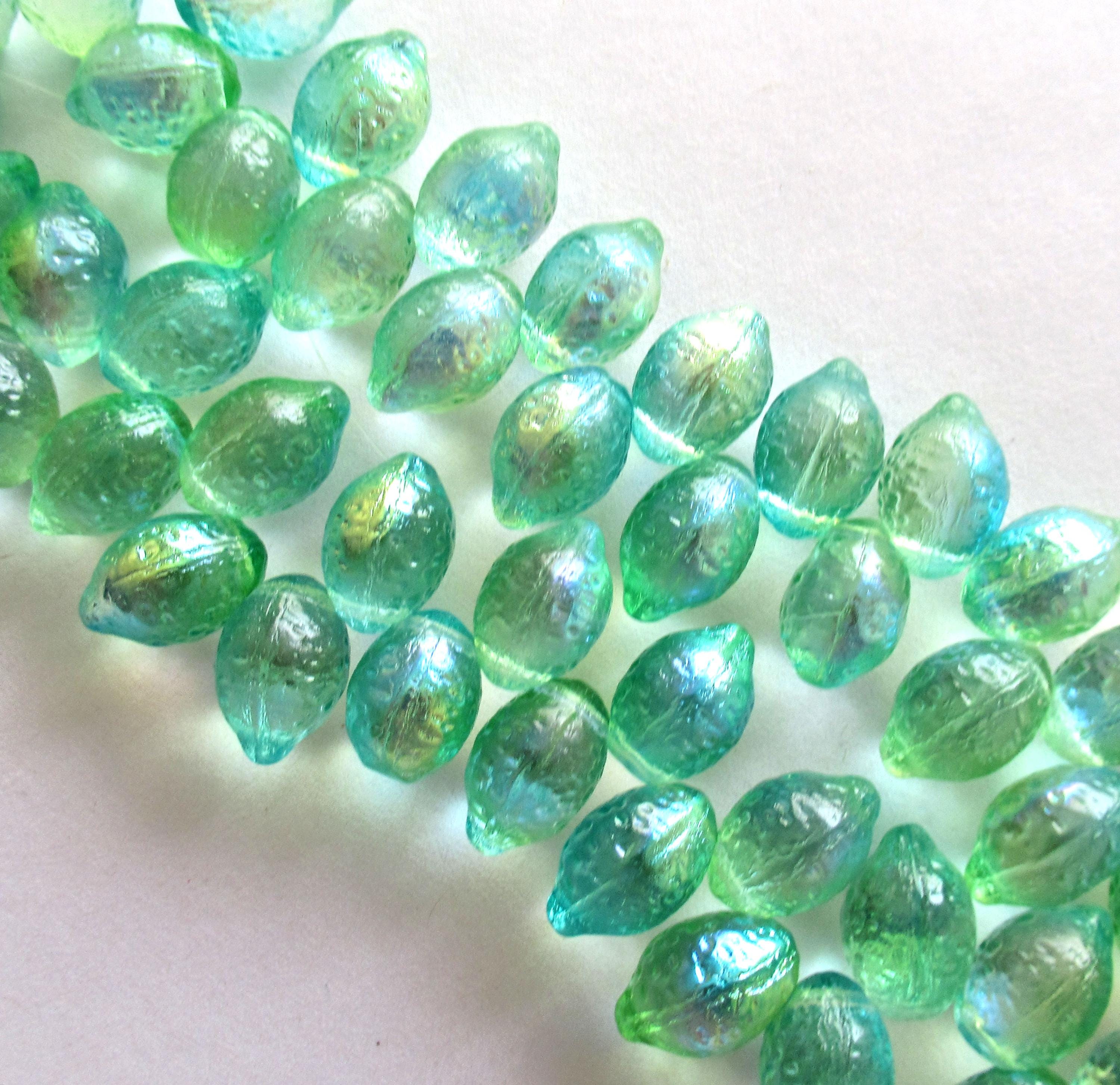 Lemon shaped drop beads - 14 x 10mm - blue green & yellow - side drilled - pressed Czech glass beads - 10 pieces - C00831