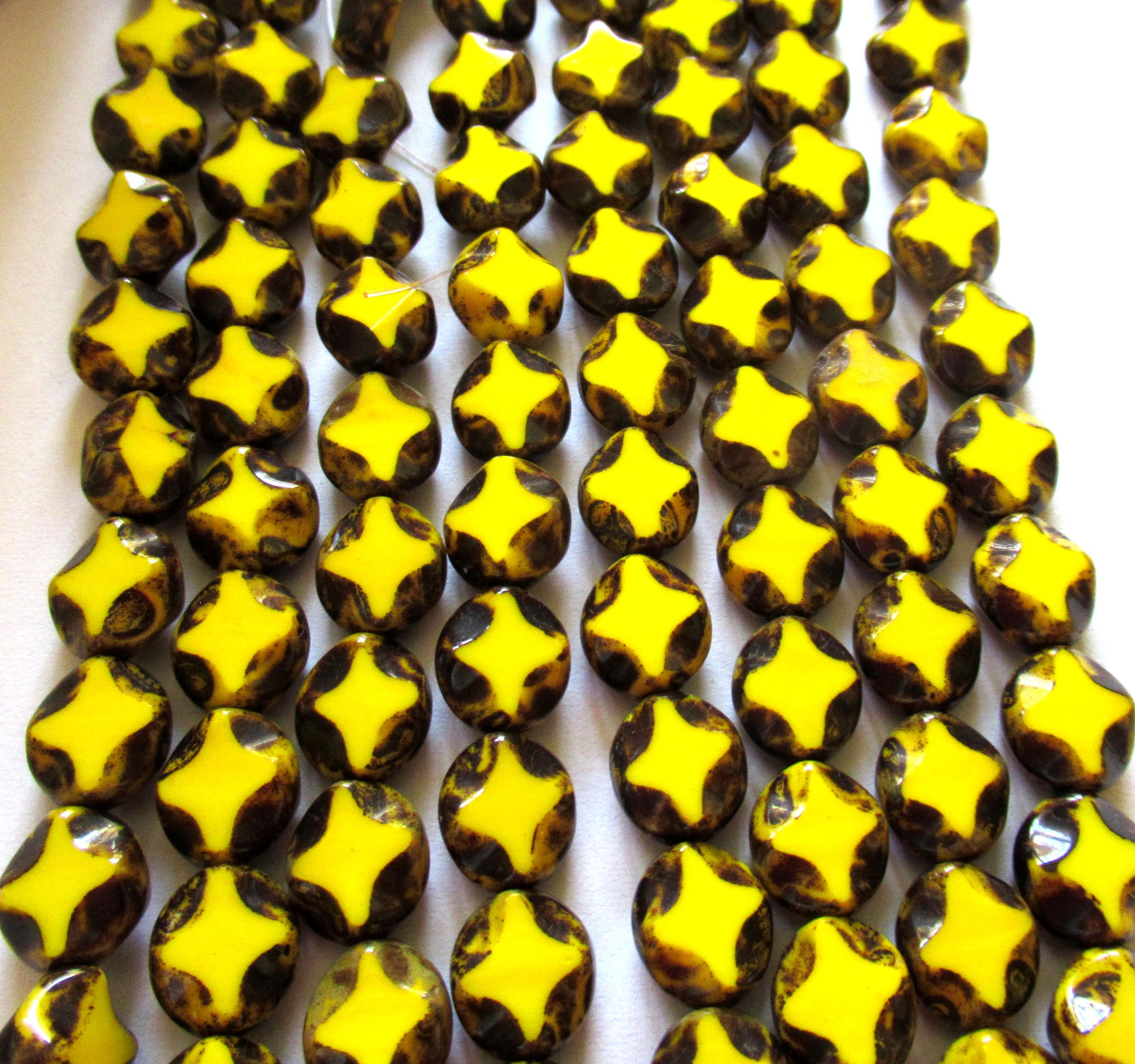 10 Czech glass oval beads - 9 x 8mm - opaque yellow picasso beads - carved table cut beads with a diamond pattern - C0121