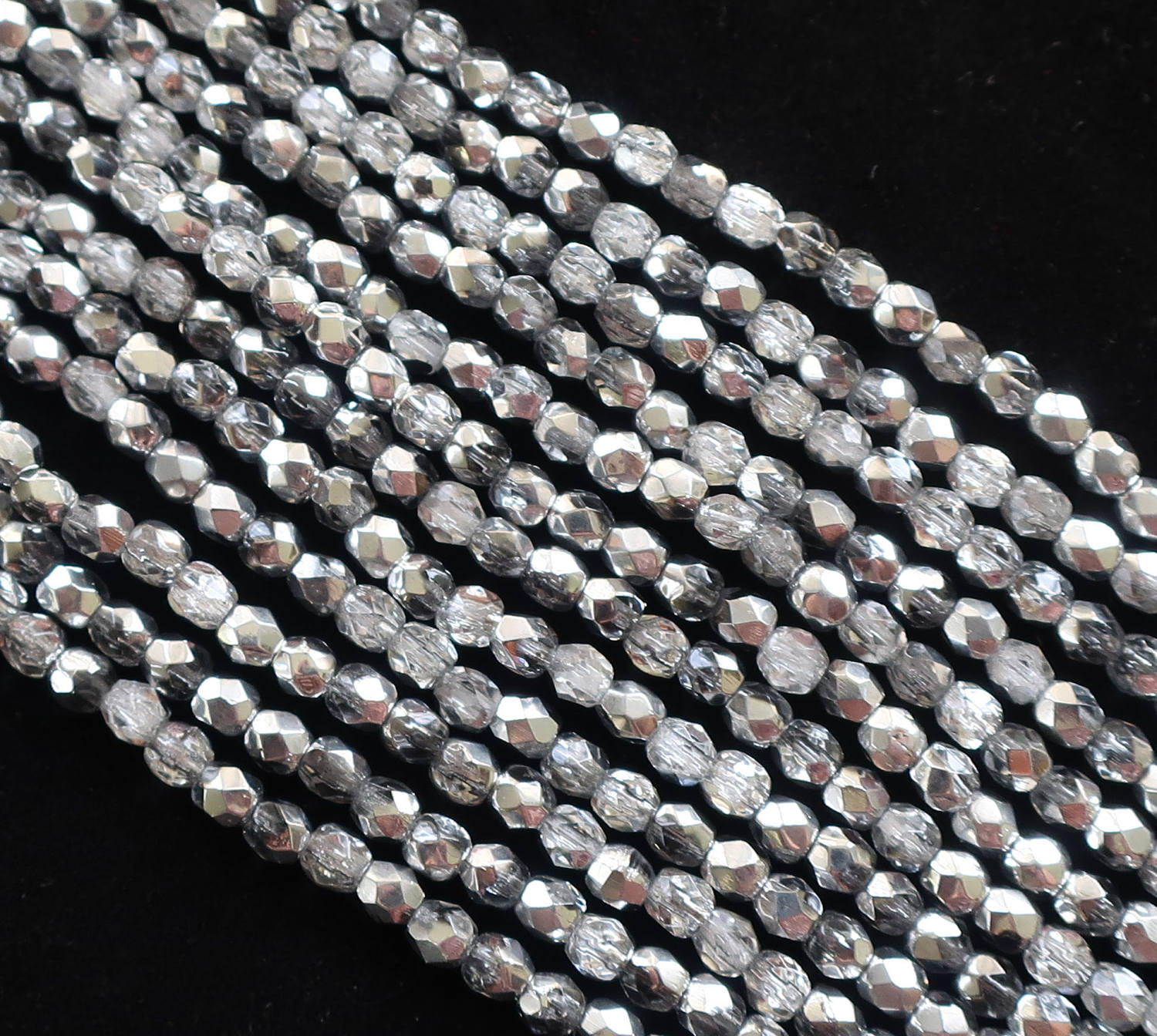 50 3mm Czech Silver & crystal Czech glass beads; half silver fire polished, faceted round beads C8450