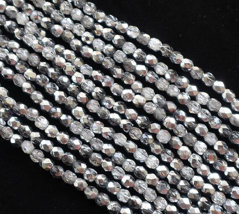 Lot of 50 3mm Czech Silver & crystal Czech glass beads; half silver firepolished, faceted ronund beads C8450