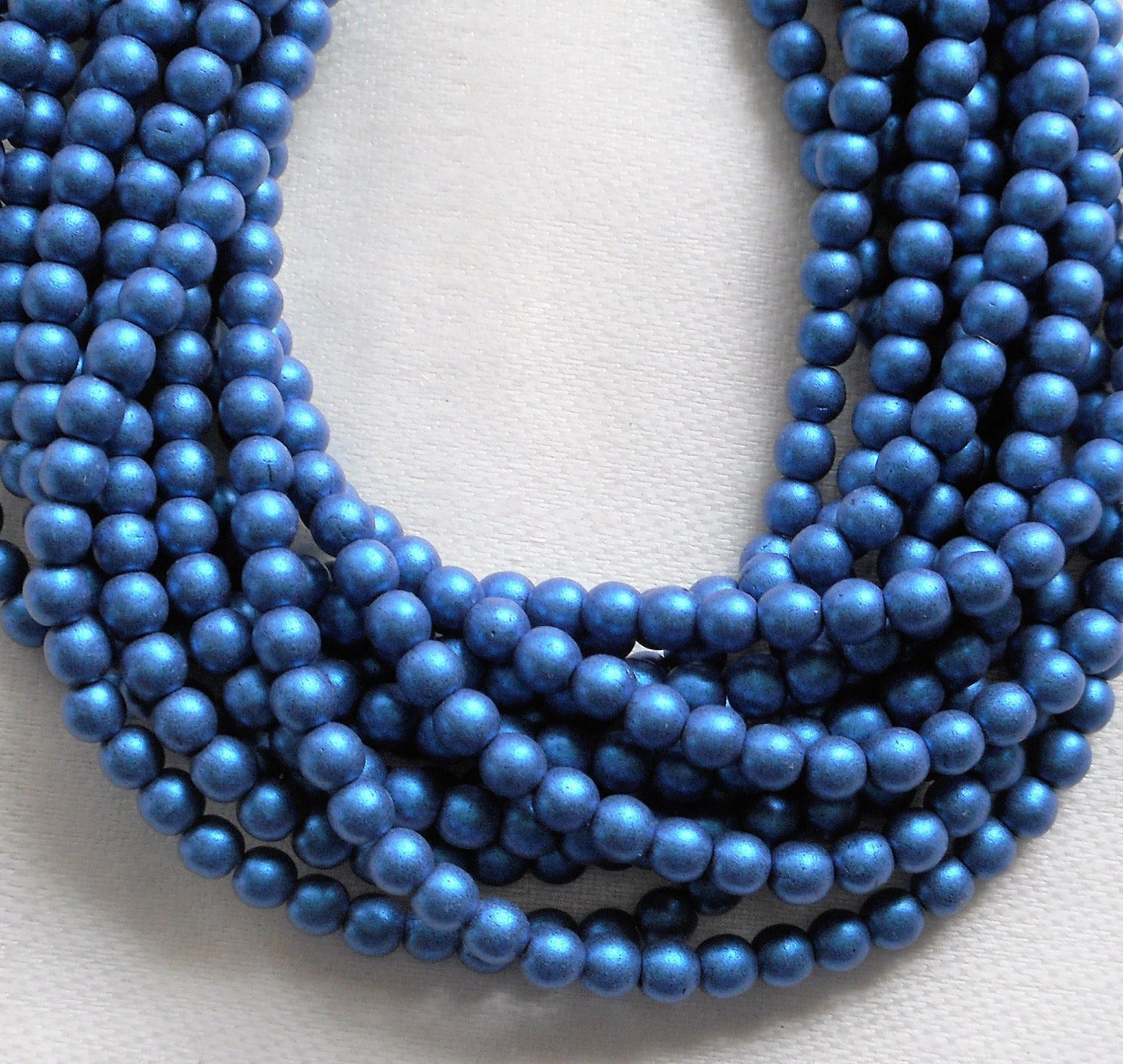 Lot of 100 4mm opaque blue glass Czech druk beads, matte metallic suede, sueded blue smooth round druks, C0077
