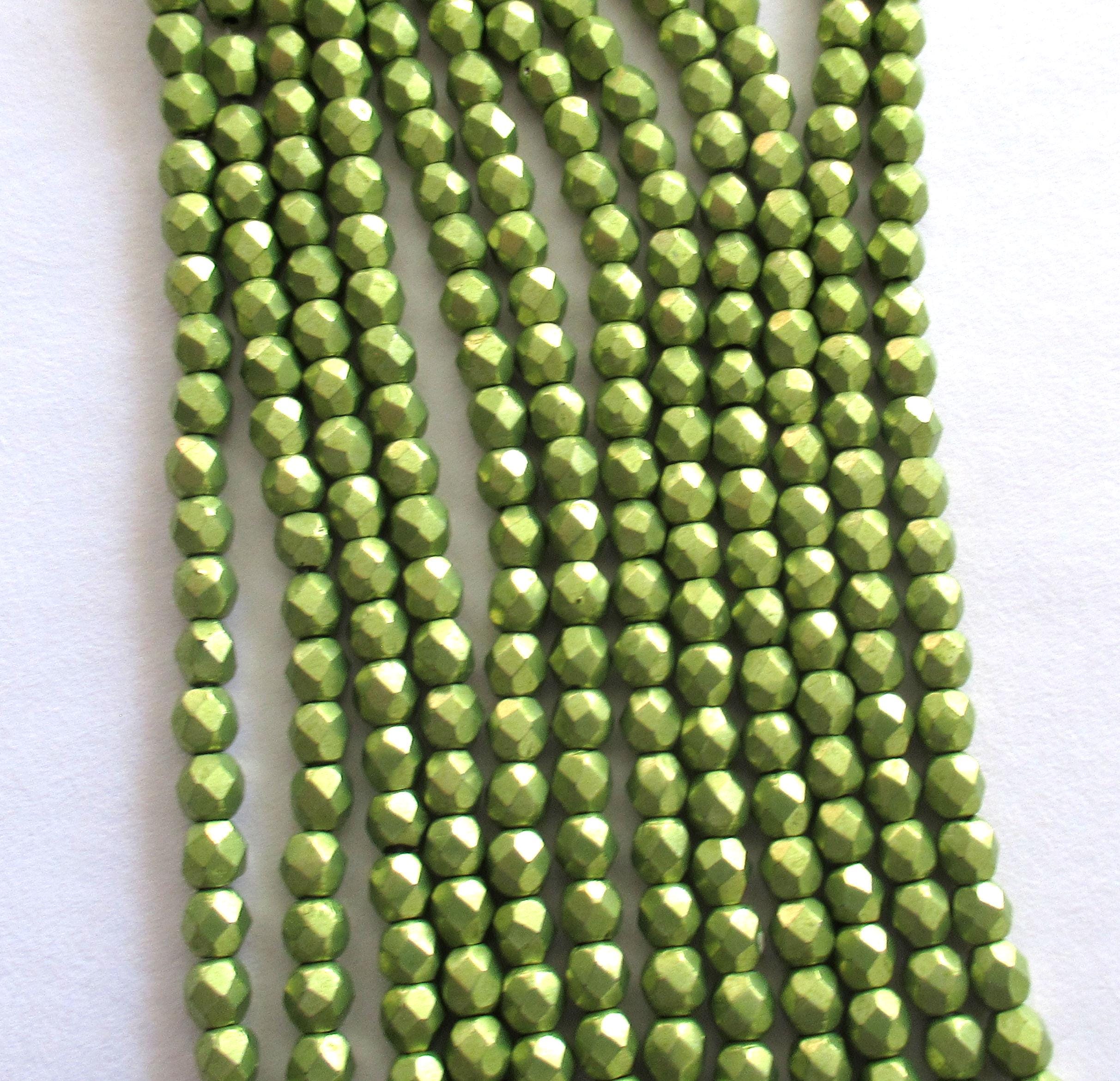 50 3mm Czech glass beads - bright lime green saturated metallic fire polished faceted round beads - C0024