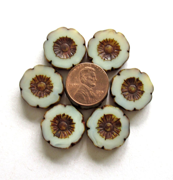 Two large 20mm Czech glass flower beads - marbled white picasso beads - table cut Hawaiian hibiscus focal or statement beads - 00061