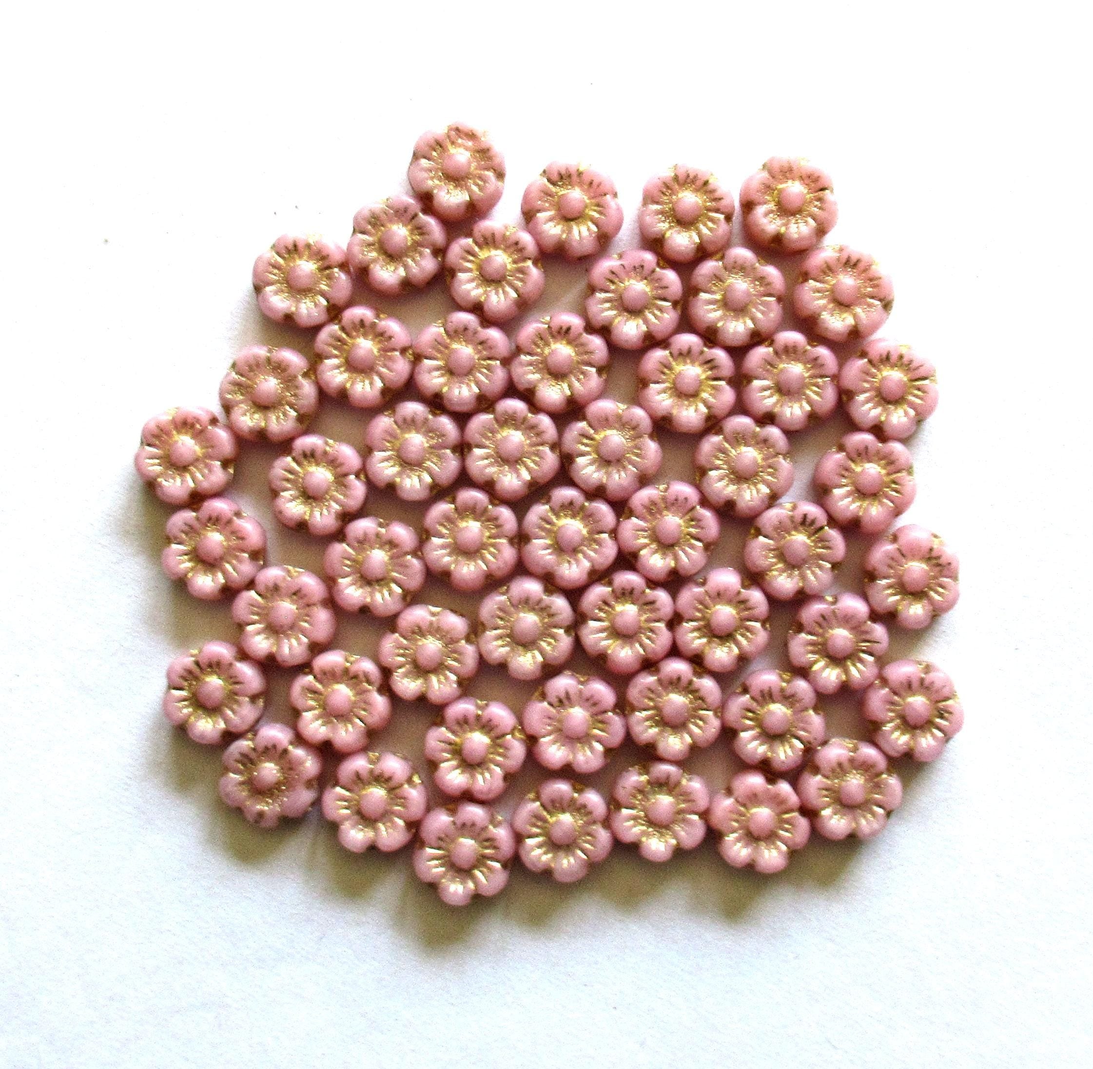 25 small Czech glass flower beads - 6mm - opaque pink with a gold wash - C0078