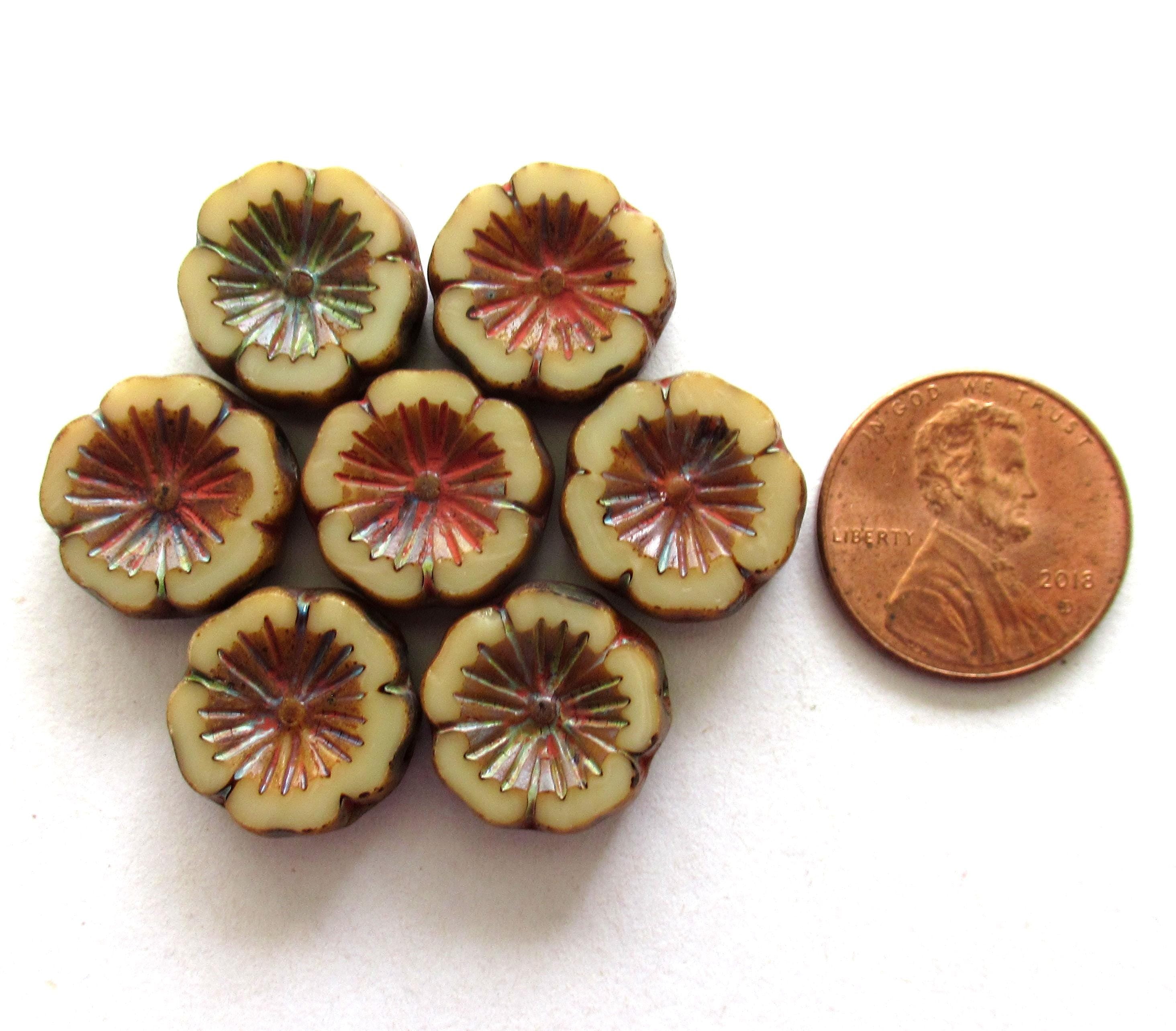 Six 14mm Czech glass flower beads - opaque ivory / beige / off white picasso - Hawaiian hibiscus earthy rustic table cut carved beads C00221