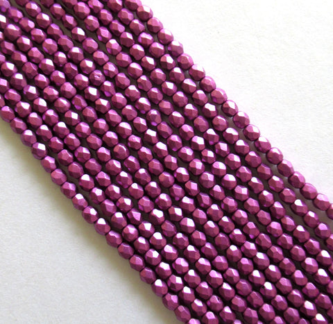 Lot of 50 3mm Czech glass spacer beads - Saturated Metallic Spring Crocus - bright pink - fire polished faceted round beads - C0014