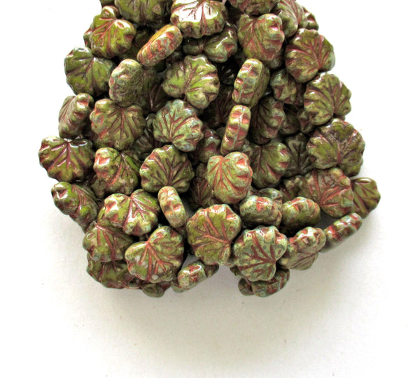 15 large Czech glass maple leaf beads - opaque green picasso beads - 10 x 13mm -earthy rustic leaves - C00002