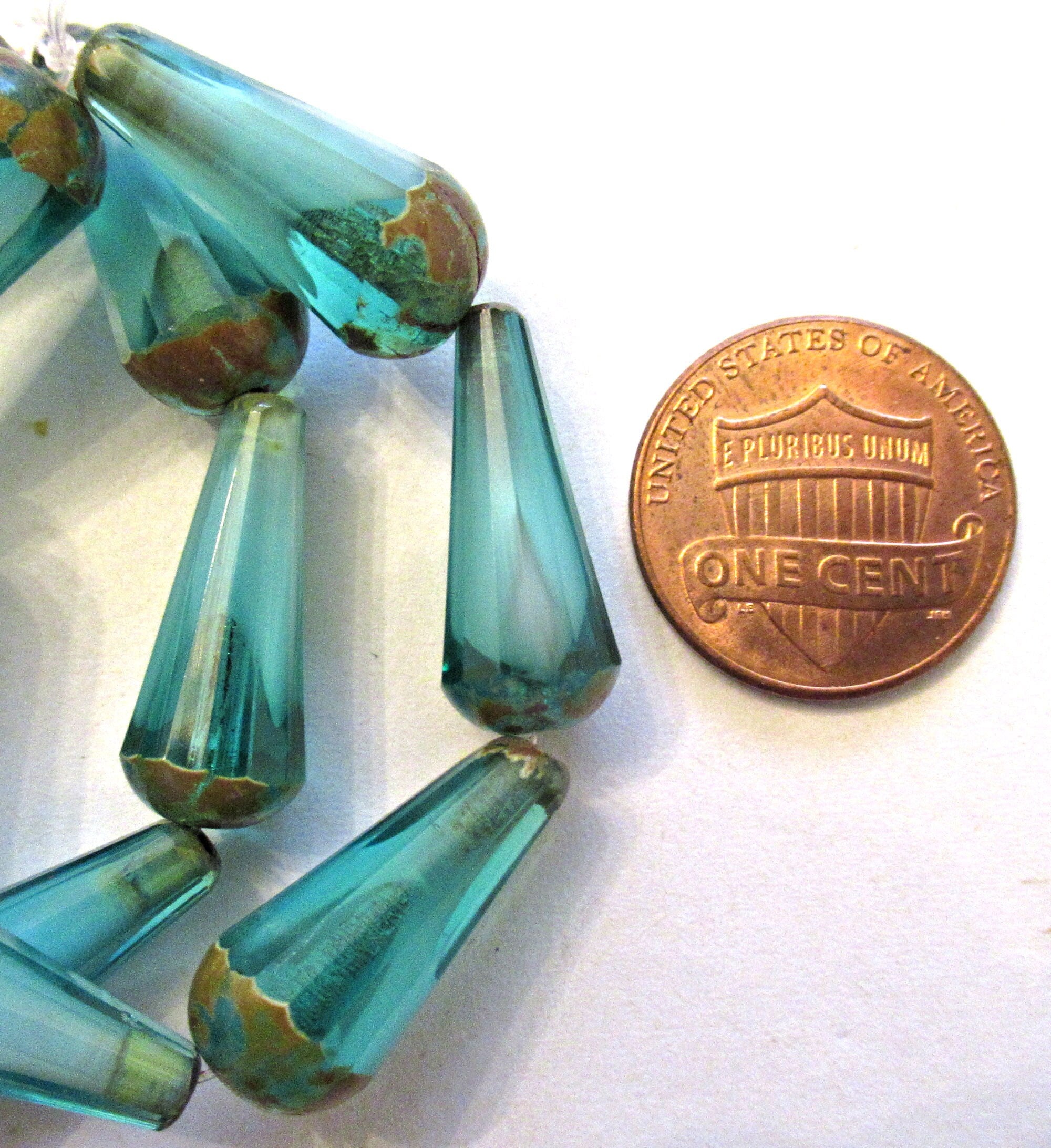 Six Czech glass long faceted teardrop beads - transparent aqua blue w/ white hearts & picasso finish on the ends - 9 x 20mm tear drop 00362