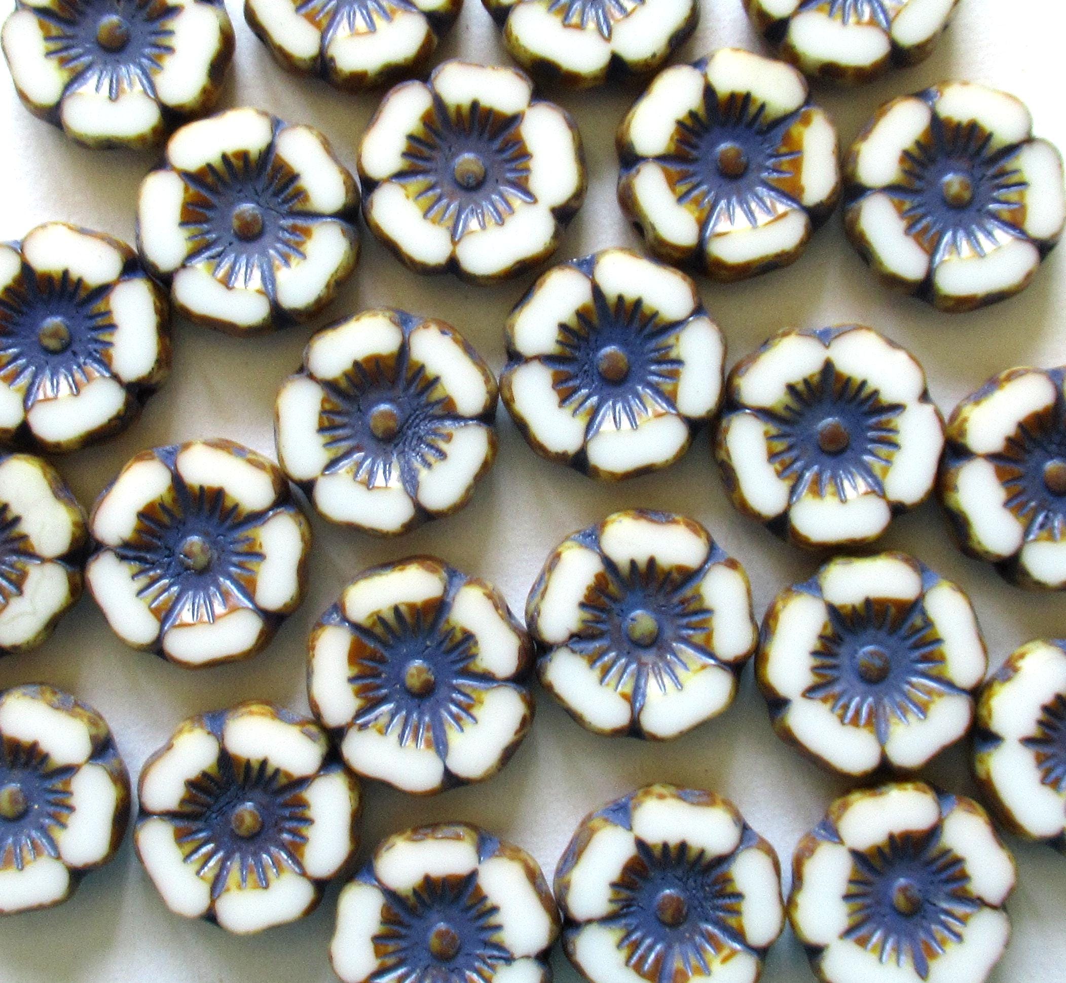8 Czech glass flower beads - 12mm table cut, carved - opaque white picasso Hawaiian flower beads with a dark purple wash - C00561