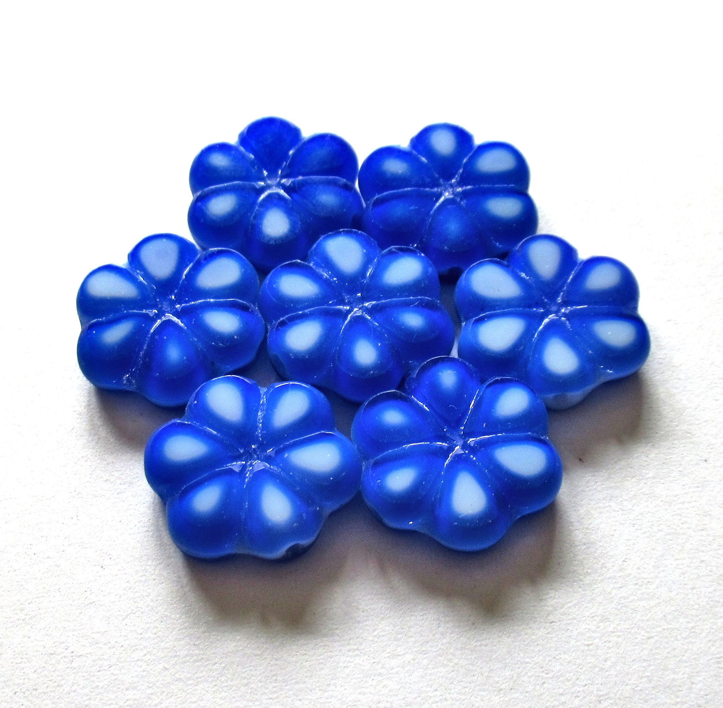 Lot of five Czech glass flower beads - 15mm - opaque blue & white table cut beads - C00302