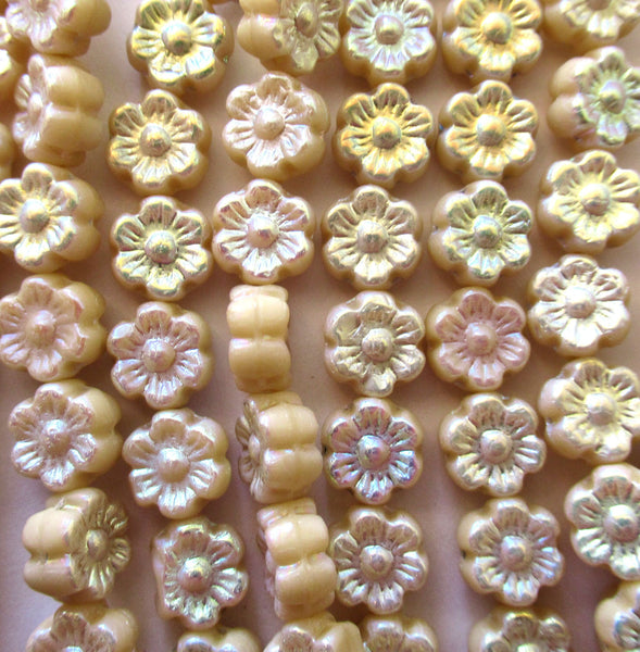 Thirty 6mm small Czech glass flower beads - opaque creamy light yellow ab beads - pressed glass flower beads - C00121