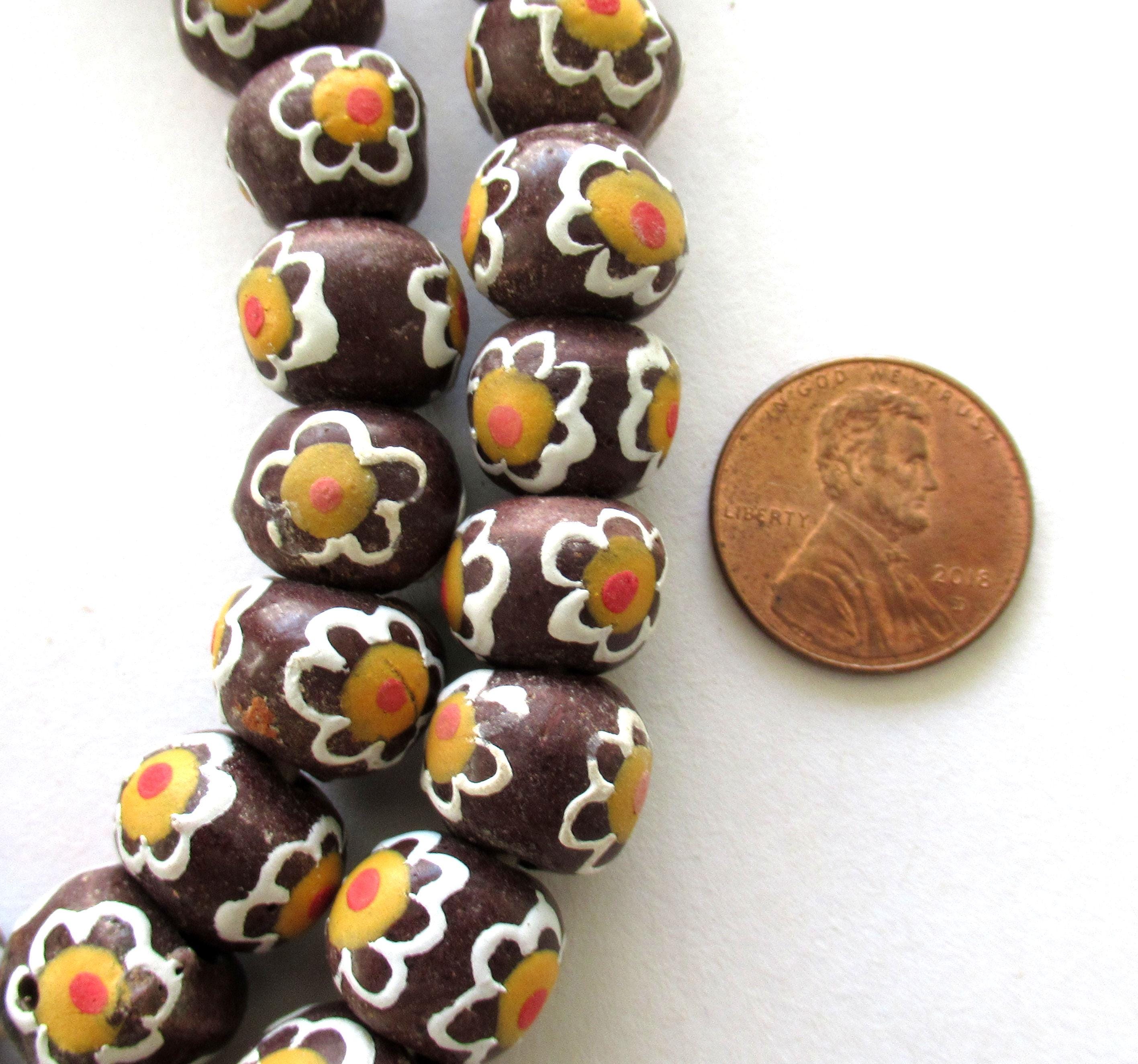 African Ghana Krobo glass donut or rondelle beads - brown floral beads - 12mm - big hole rustic beads - 8 beads - C00021