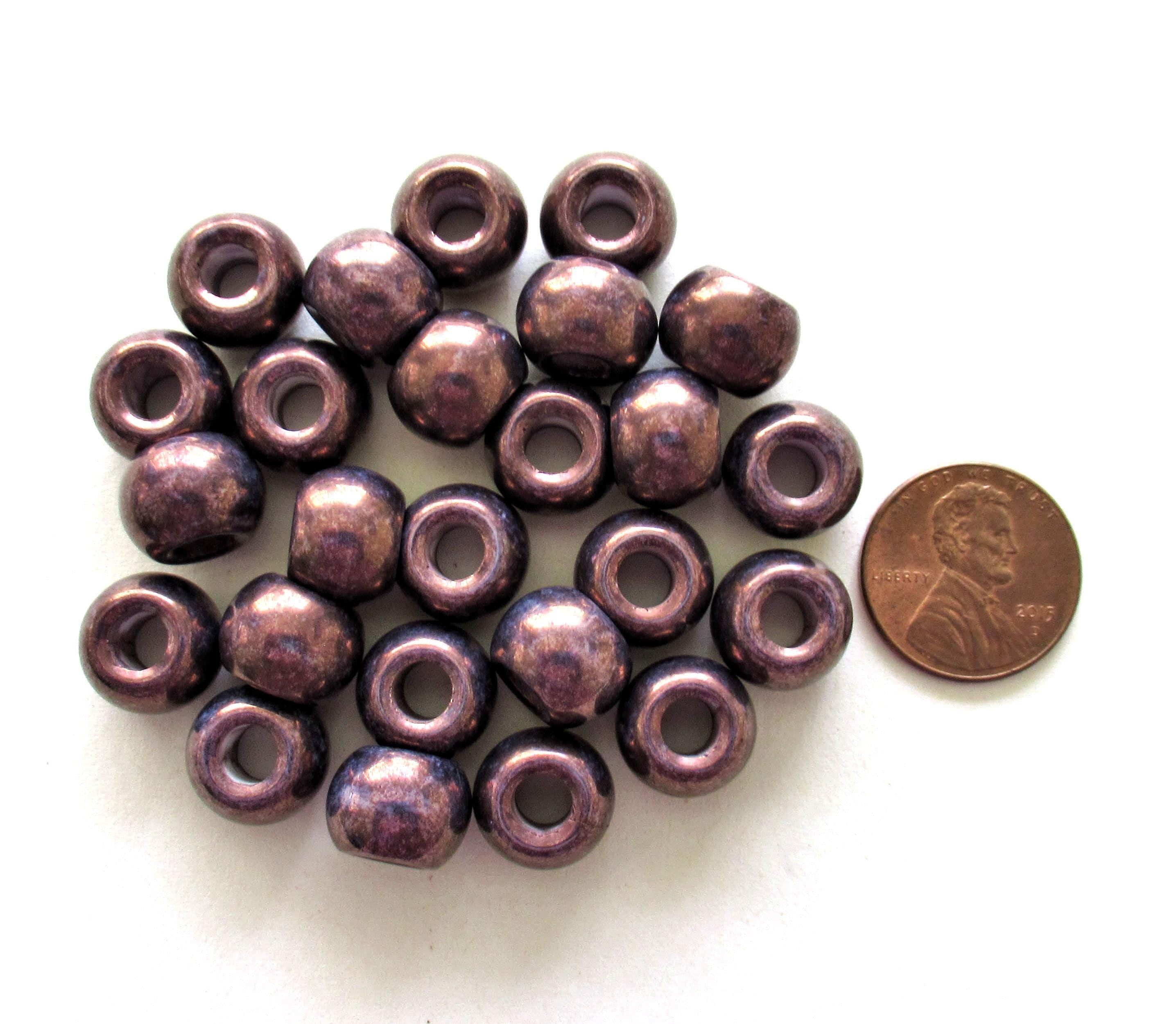 Large big hole round druk beads - 12mm - metallic purple bronze Czech glass druks - large 4mm holes - six pieces - C00401