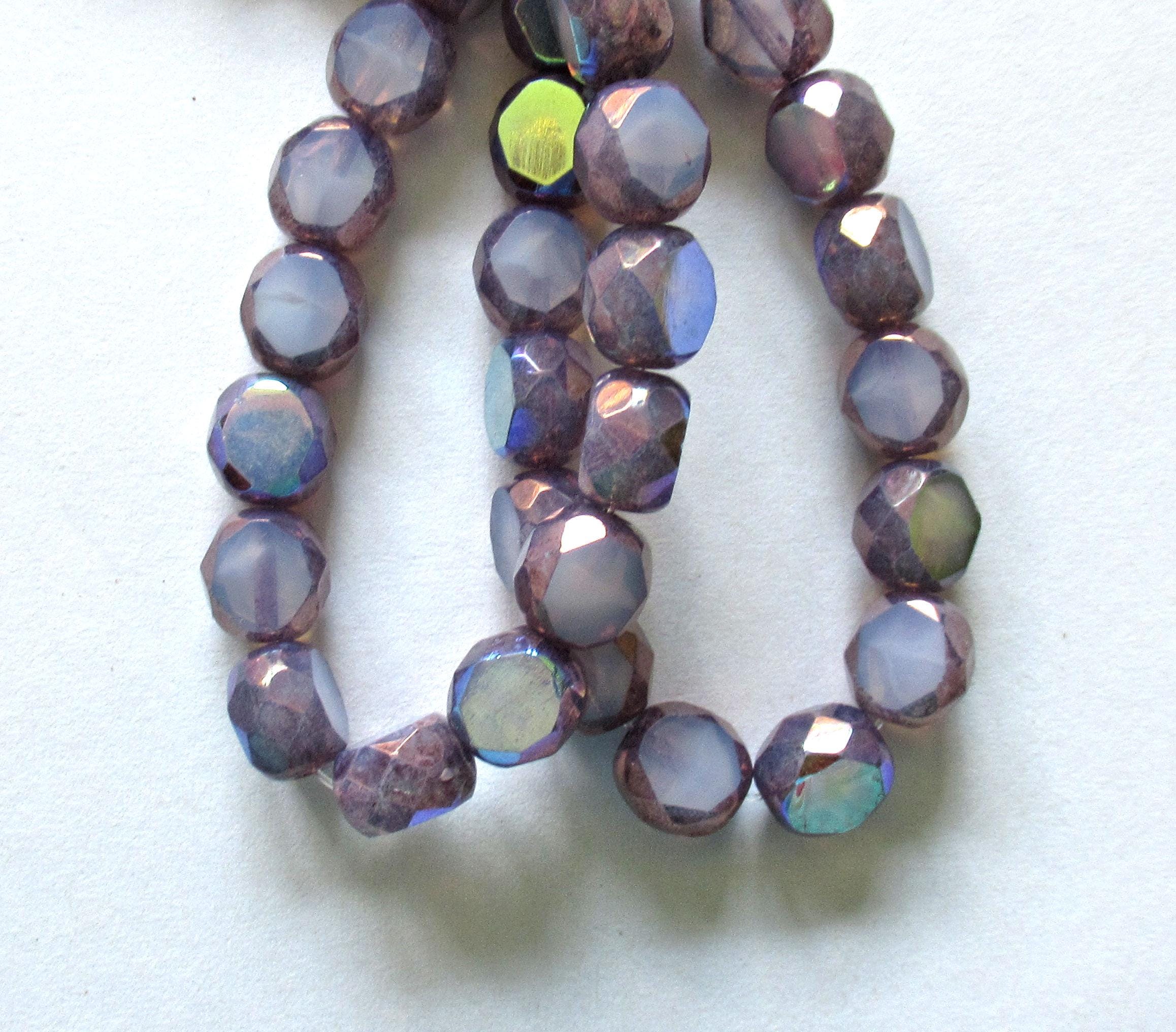 Dual faceted Czech glass beads - 8mm - translucent lavender AB w/ bronze accents - 2 cut table cut - thick window beads - 10 pcs - 00081